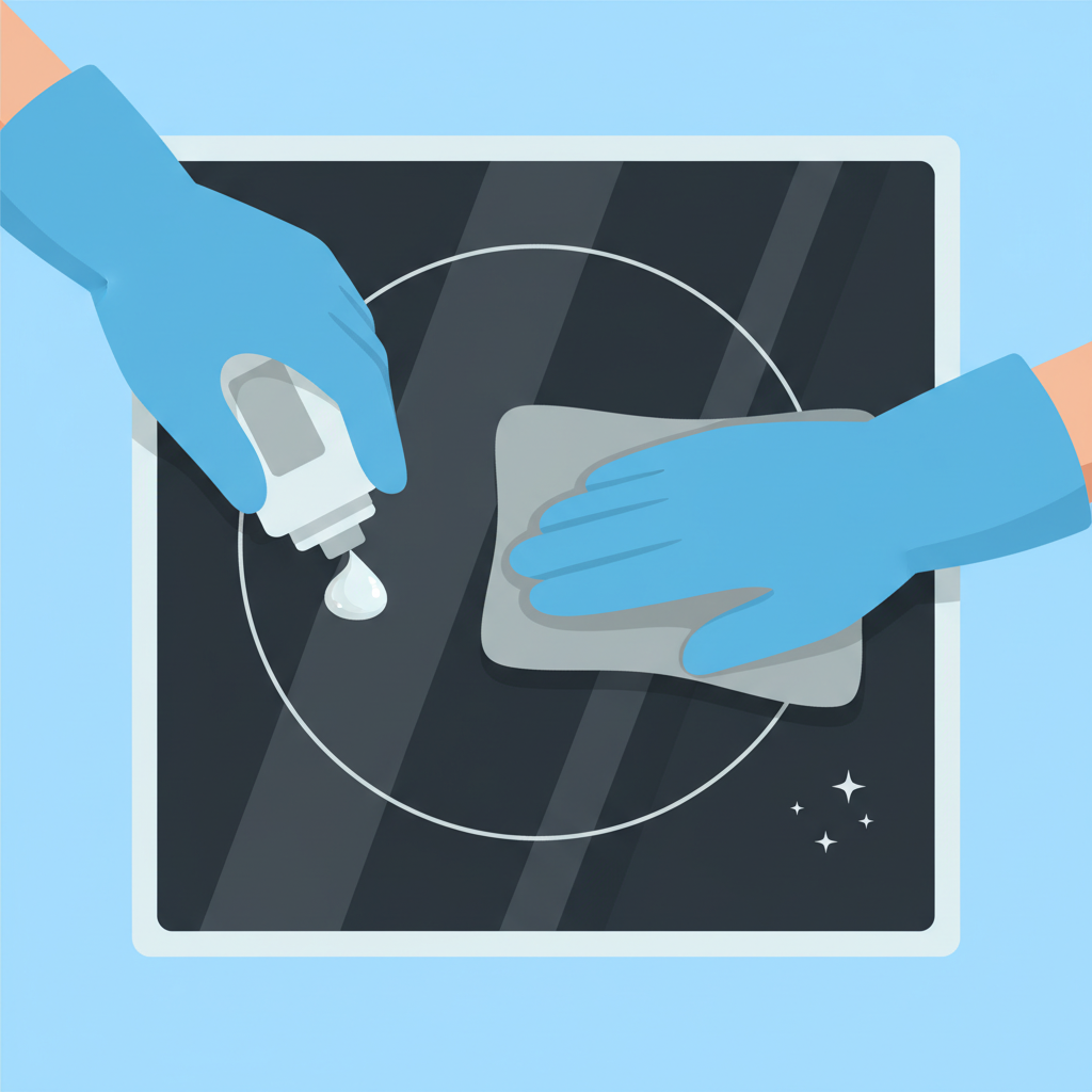 A close-up, bright and clean flat illustration depicting the process of cleaning metallic stains from a ceramic hob. A segment of a black Ceranfeld shows a visible metallic streak. A hand, wearing a blue cleaning glove, is shown applying a small dollop of specialized ceramic hob cleaner directly onto the stain. Next to it, a soft, microfibre cloth is gently rubbing another stained area, effectively removing the mark and leaving a sparkling clean path behind it. The overall aesthetic is minimalist and infographic-like, focusing on the action and the positive outcome of the cleaning process.