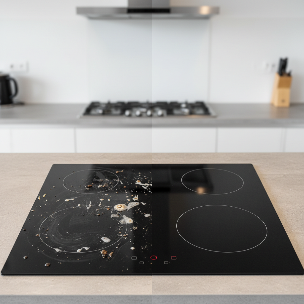 A modern, sleek black ceramic hob (Ceranfeld) in a contemporary kitchen setting. The image is split down the middle or shows a clear 'before and after' contrast. The left side depicts the hob with realistic, visible dirt: burnt-on food residue, dried splatters, and a few minor smudges, making the surface appear dull. The right side showcases the same hob, now impeccably clean, sparkling, and reflecting ambient light beautifully, demonstrating a pristine, high-gloss finish. Style: Professional, high-quality photograph with excellent lighting and contrast.