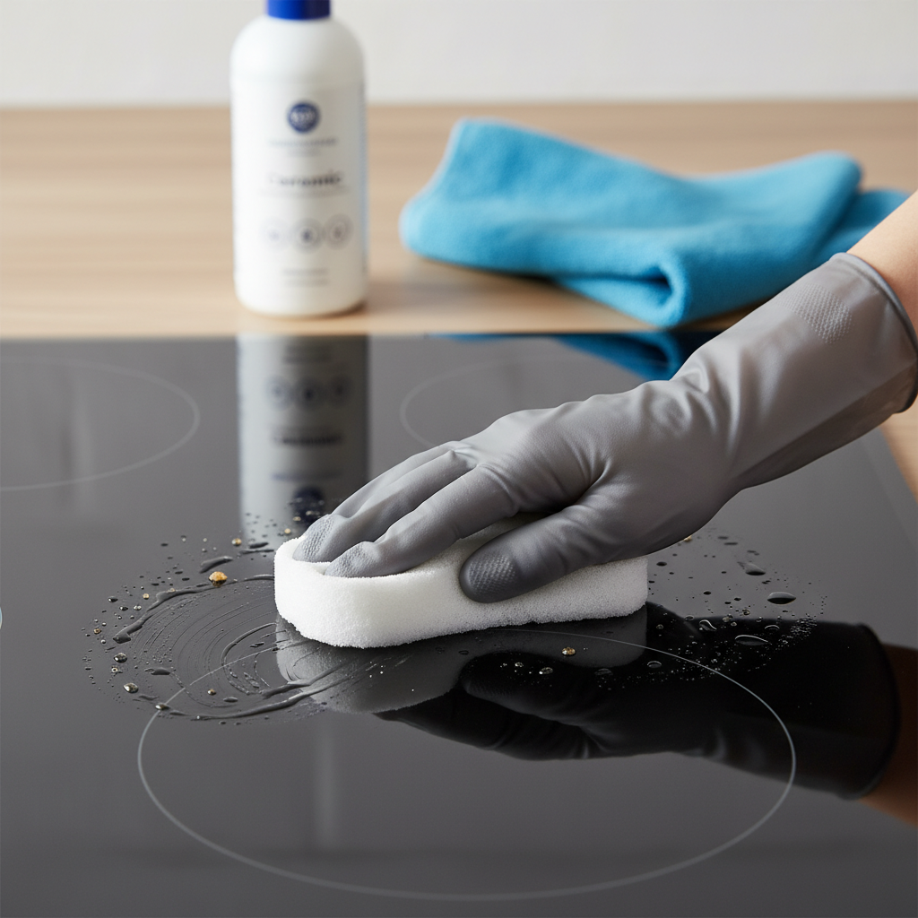 A close-up, overhead shot of a hand gently cleaning a shiny black ceramic hob (Ceranfeld). The hand, possibly wearing a minimalistic glove, is holding a soft, damp cleaning cloth or sponge and wiping away a few common food splatters or smudges from the hob's surface. A generic, unbranded bottle of a cleaning solution and a clean, dry microfiber towel are softly blurred in the background on the kitchen countertop. The focus is on the cleaning motion and the immediate area, highlighting the effectiveness of gentle care. Style: Bright, clean, and modern lifestyle photography with a shallow depth of field.