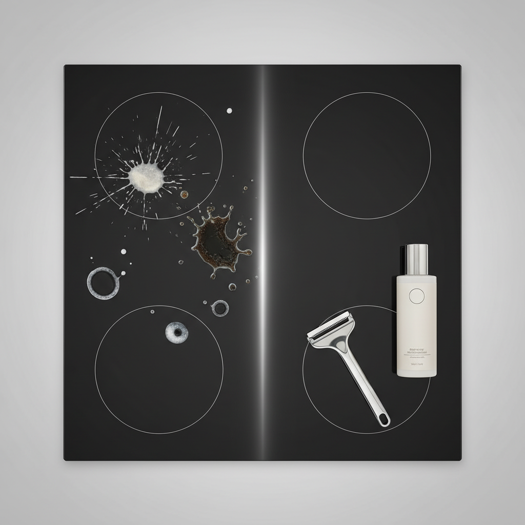 A professional studio product photo featuring a modern black ceramic hob. The image is split down the middle or subtly showing a 'before and after' comparison. On one side, the hob surface displays various common stains: a white dried splash mark, a sticky, caramelized sugar spot, and greasy splatters with faint limescale rings. The other side showcases a perfectly clean, gleaming, and highly reflective hob surface. In the foreground, neatly arranged on the clean side, are a sleek, metallic ceramic hob scraper with a visible sharp blade and an elegant bottle of specialized ceramic hob cleaner. The overall aesthetic is clean, modern, and emphasizes efficiency.
