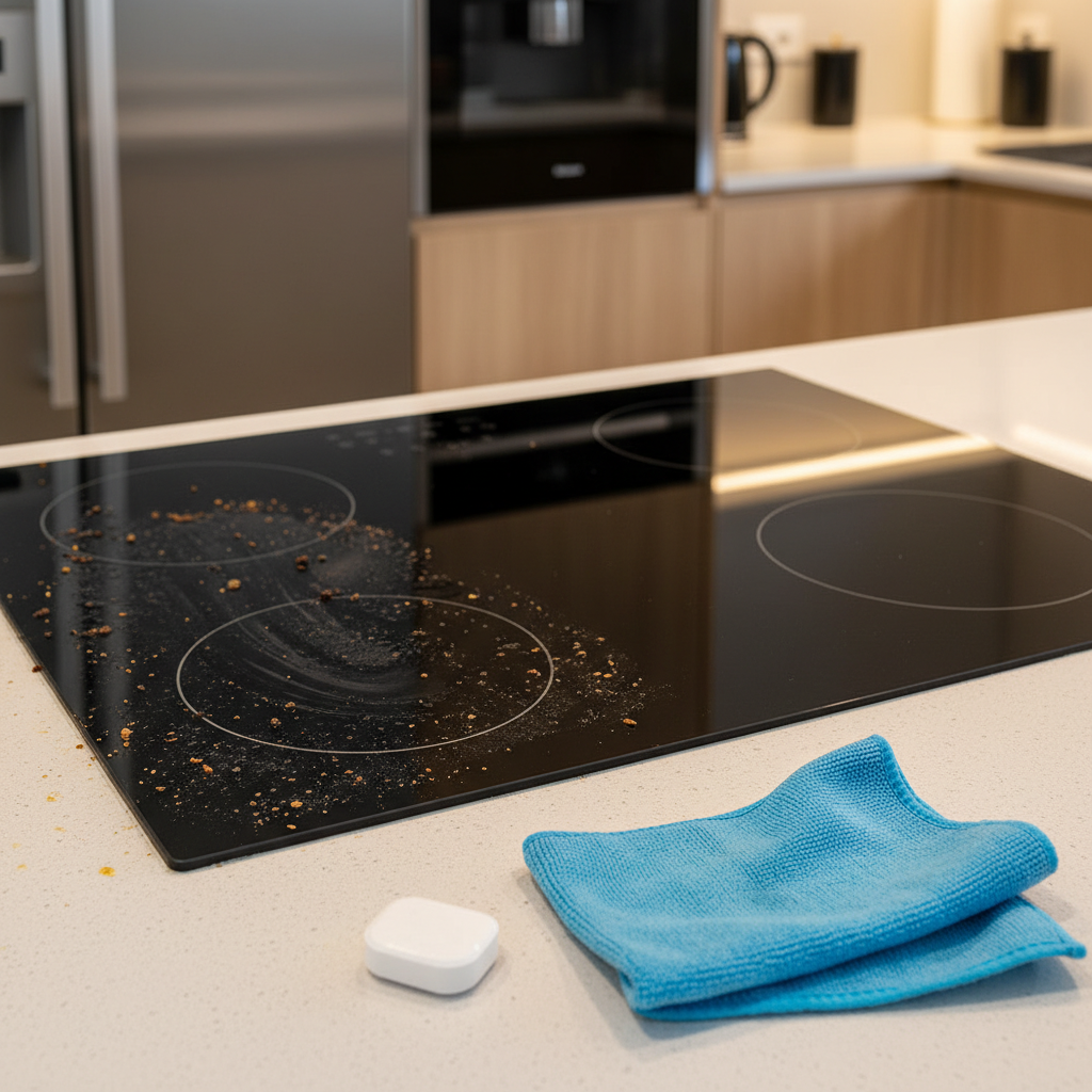 A professional, clean product photo showcasing a modern kitchen scene. On a sleek countertop, a black ceramic hob is depicted with a clear contrast. One side of the hob is visibly soiled with burnt-on food residues, grease splatters, and water marks. The other side is impeccably clean, shining brightly and reflecting ambient light. In the foreground, a single, unwrapped dishwasher tablet is placed next to a soft, damp cleaning cloth, subtly implying the cleaning process. The image should convey effectiveness and ease.