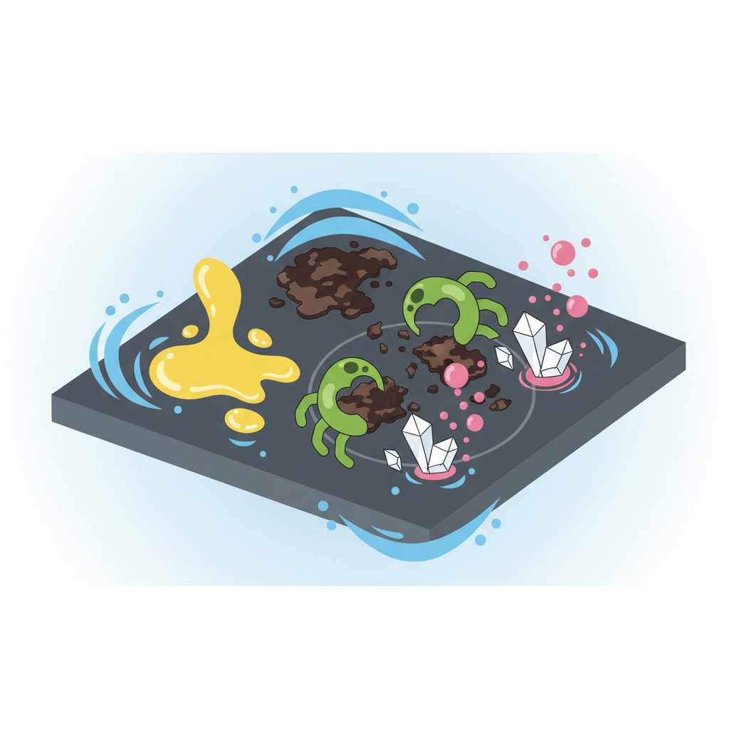 An infographic-style flat illustration showing a magnified, cross-sectional view of a ceramic hob surface. Various types of stylized dirt particles are depicted: oily, yellow blobs for grease; dark, crusty bits for burnt food; and white, crystalline shapes for limescale. Around these impurities, abstract visual representations of active ingredients from a dishwasher tablet are shown interacting: wave-like patterns lifting grease, enzyme-like forms breaking down organic matter, and dissolving particles tackling limescale. The overall visual should clearly explain the multi-action cleaning process without any words or labels.