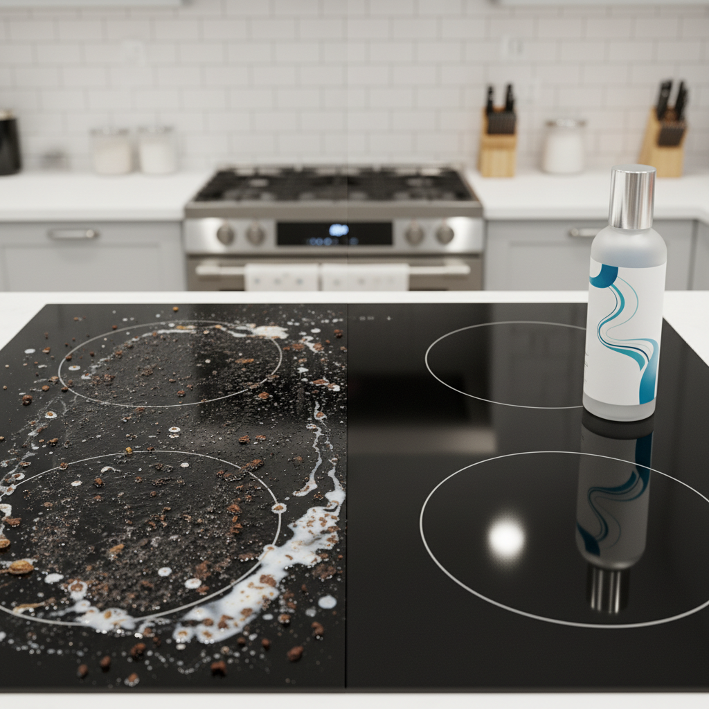 A professional photo of a modern glass-ceramic stovetop (Ceranfeld) divided visually into two distinct halves. The left half is covered in realistic-looking cooking residue: greasy splatters, dark burnt-on food marks, and dried spills, appearing dull and unsightly. The right half is immaculately clean, gleaming with a high-shine, reflective surface, looking brand new and sparkling. A generic, elegantly designed bottle of a specialized ceramic hob cleaner stands upright near the pristine side, subtly hinting at the solution. The overall scene should convey a dramatic before-and-after transformation, emphasizing the effectiveness of cleaning.