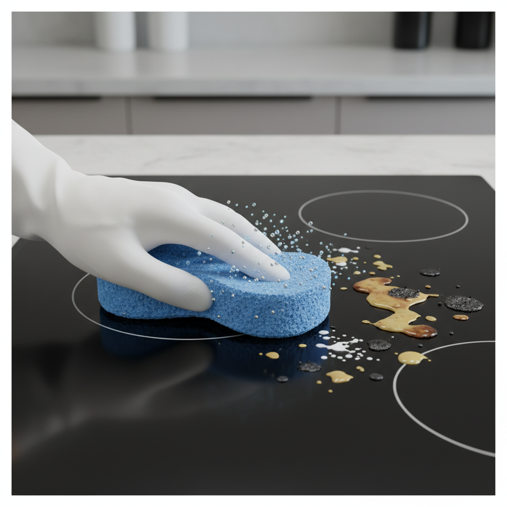 A clean, modern flat illustration or 3D render depicting a detailed close-up of a glass-ceramic stovetop (Ceranfeld) surface being cleaned. A gloved hand holds a soft sponge or cloth, actively wiping away stylized representations of common cooking stains like grease spots and burnt-on food particles. Abstract, sparkling elements or tiny, gentle abrasive particles are subtly shown interacting with the dirt, visually representing the cleaner's action in dissolving and lifting impurities. The cleaned path behind the sponge should appear streak-free and polished, while the untouched area still shows light dirt.