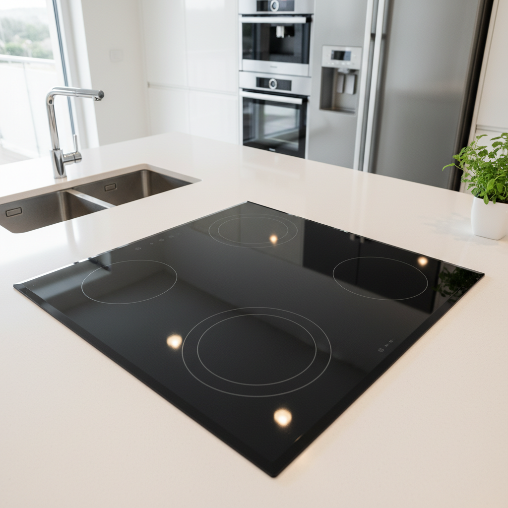 A professional, high-angle photo capturing a modern, sleek black ceramic hob in a contemporary kitchen. The hob surface should be impeccably clean and highly reflective, mirroring the soft glow of overhead lighting, emphasizing its sparkling, streak-free shine. A subtle, bright kitchen background with clean countertops and hints of stainless steel appliances provides context, but the focus remains sharply on the pristine, glossy hob surface, radiating a sense of freshness and newness.