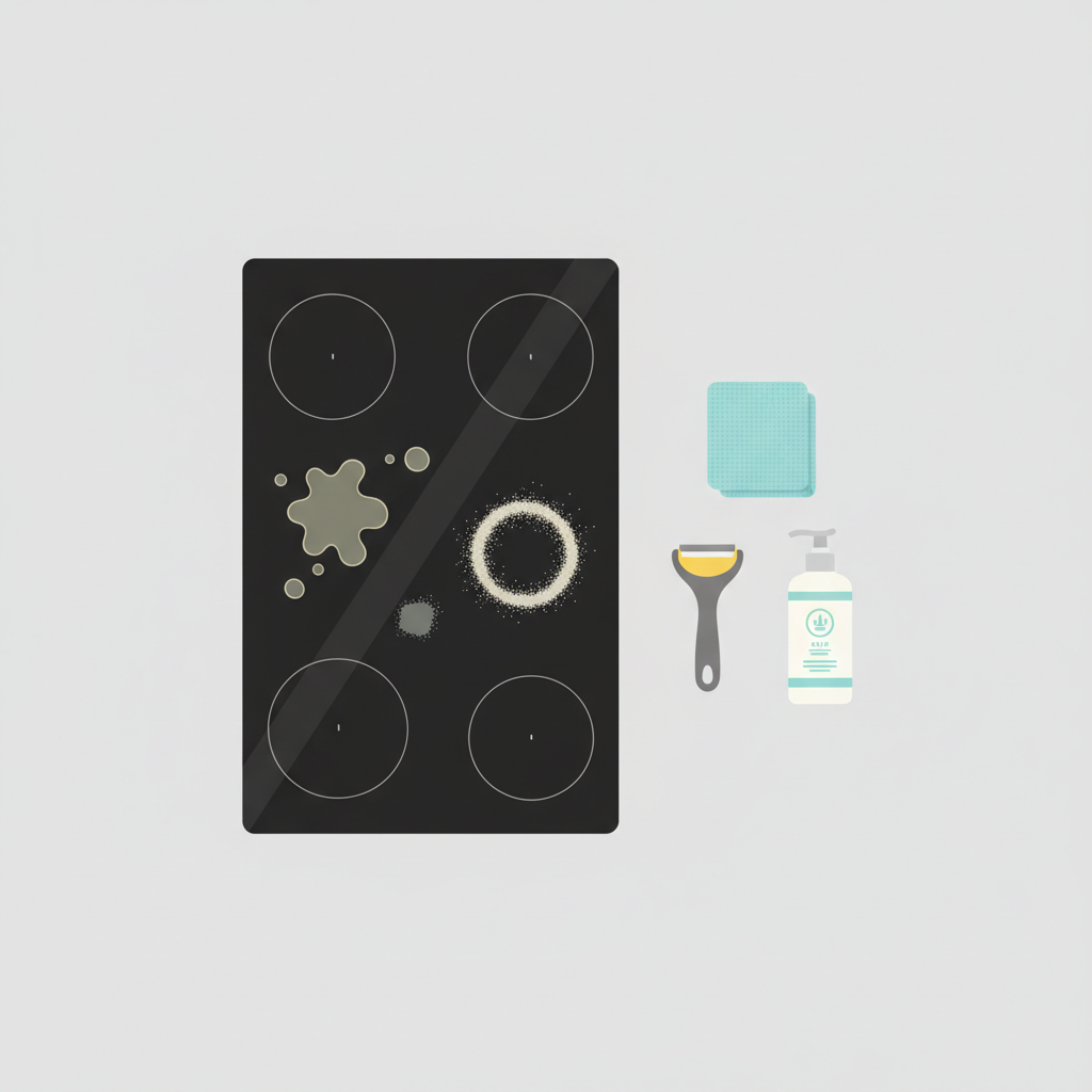 A top-down flat lay illustration showcasing a black ceramic hob. On one side of the hob, stylized representations of common dirt are visible: a few clear grease splatters, a small, light ring of dried sugar residue, and a subtle burnt-on food mark. On the other side, carefully arranged next to the hob, are appropriate cleaning tools: a specialized ceramic hob scraper with a yellow blade, a neatly folded light blue microfiber cloth, and a sleek, generic bottle of ceramic hob cleaner. The overall style is clean, modern flat illustration with a white or light grey background, emphasizing the contrast between the dirty area and the cleaning solutions.