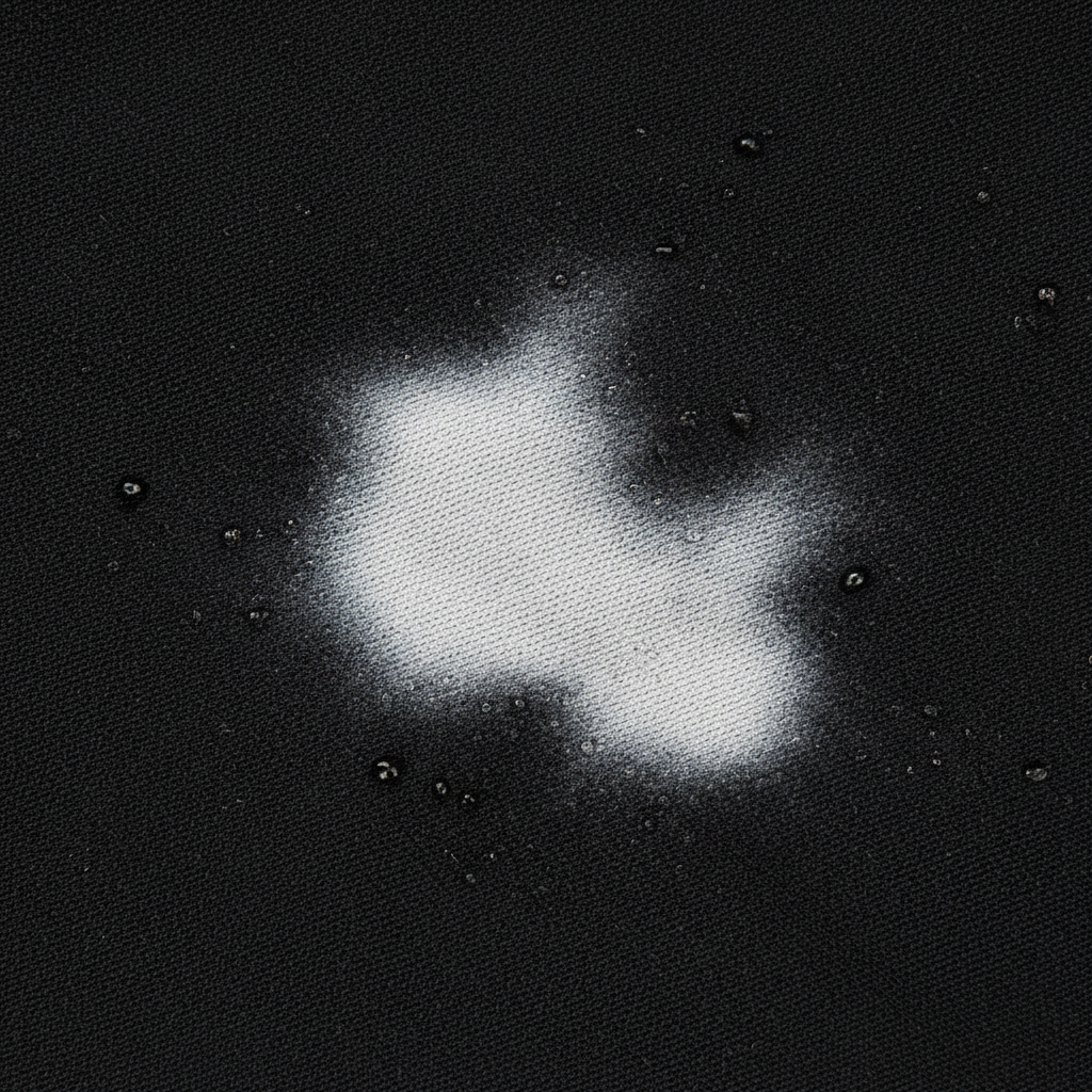 A high-resolution, professional close-up photograph of a section of a deep black fabric garment, like a t-shirt or swim trunks. A prominent, irregularly shaped white or pale grey discoloration is visible on the fabric, clearly illustrating a severe chlorine stain. The surrounding black fabric should be rich and dark, emphasizing the stark contrast of the damage. A few tiny, clear water droplets could be subtly scattered on or near the stained area, hinting at the chemical's origin. The focus is on the damaged texture and faded color, making the problem visually tangible and impactful for a blog article about stain removal.