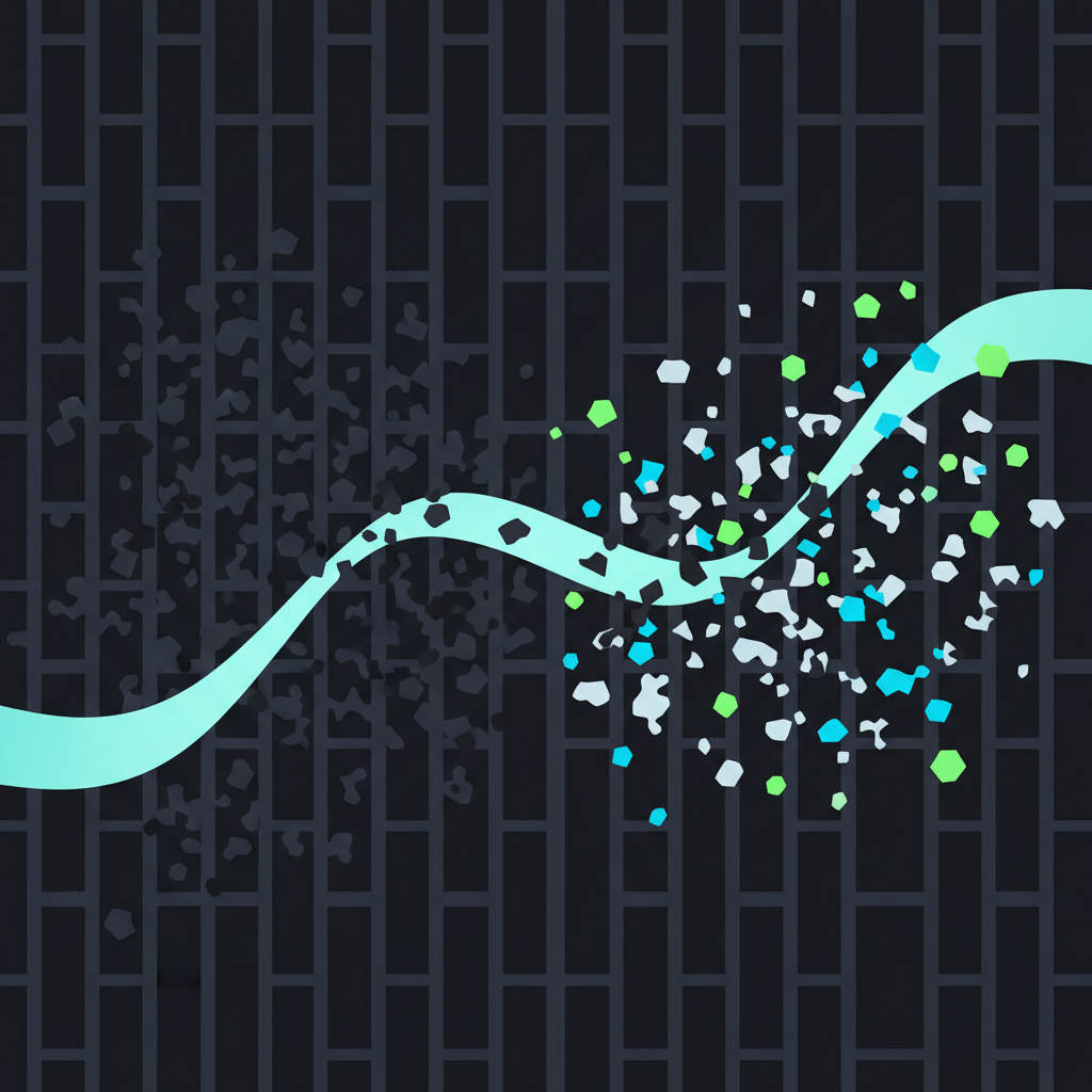 A clean, modern flat illustration depicting a conceptual representation of chlorine damaging black fabric at a molecular level. On the left side of the illustration, a magnified segment of pristine black fabric is shown, with uniform dark dye molecules (represented as abstract, interconnected shapes) densely packed within the fabric fibers. On the right side, the same segment of fabric shows the dye molecules breaking apart or disappearing, replaced by lighter, faded tones, as smaller, active chlorine molecules (represented as simple, distinct, contrasting shapes) interact with and dismantle them. A subtle, dynamic arrow or flow line could indicate the chemical process.