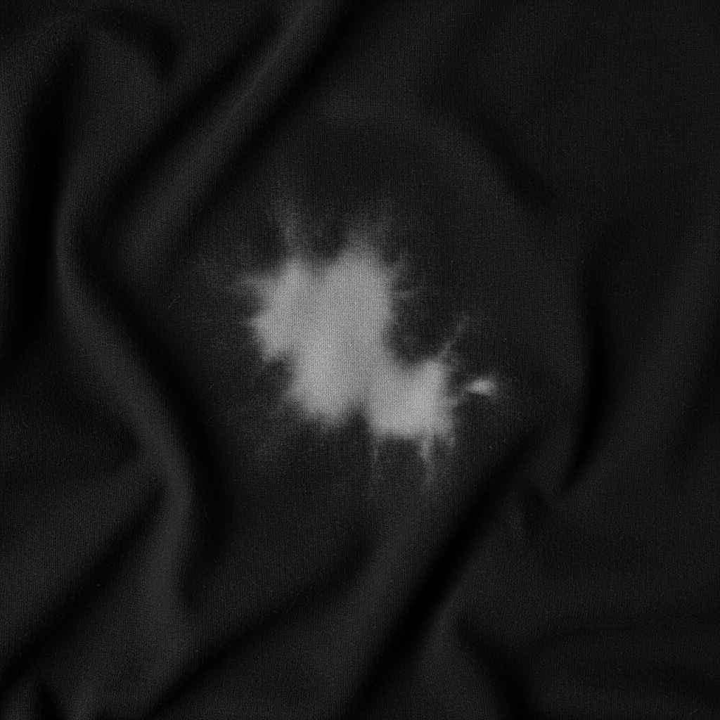 A close-up, high-angle shot of a section of a black cotton t-shirt or garment, crumpled slightly to show texture. A prominent, irregular, light grey or pale blue bleached stain is visible on the deep black fabric, highlighting the stark contrast. The fibers around the stain appear slightly damaged or faded. The lighting is soft and even, emphasizing the fabric's weave and the distinct boundary of the discolored area. The overall feeling is one of a common laundry mishap. Style: Professional product photography with a slightly dramatic, clean aesthetic.