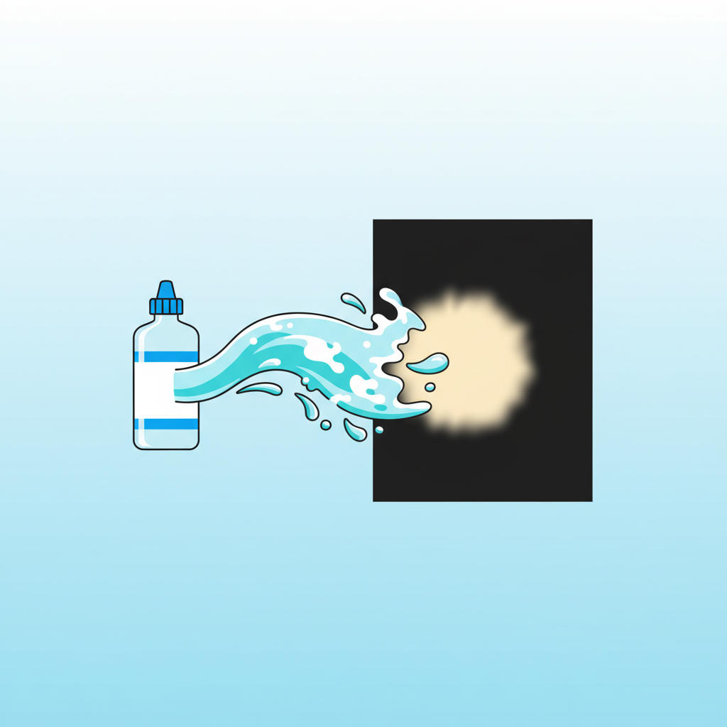 An illustrative representation of chlorine interacting with black fabric. On one side, a stylized icon of a common chlorine source, such as a splash from a bottle of household bleach or ripples from a swimming pool. From this source, an abstract, energetic 'chlorine particle' or wave is shown moving towards a swatch of black fabric. Upon contact with the fabric, the black color visibly fades or lightens in a small, distinct area, symbolizing the bleaching effect. The background is clean and minimalistic. Style: Flat illustration with vibrant colors and clear, simple iconography.