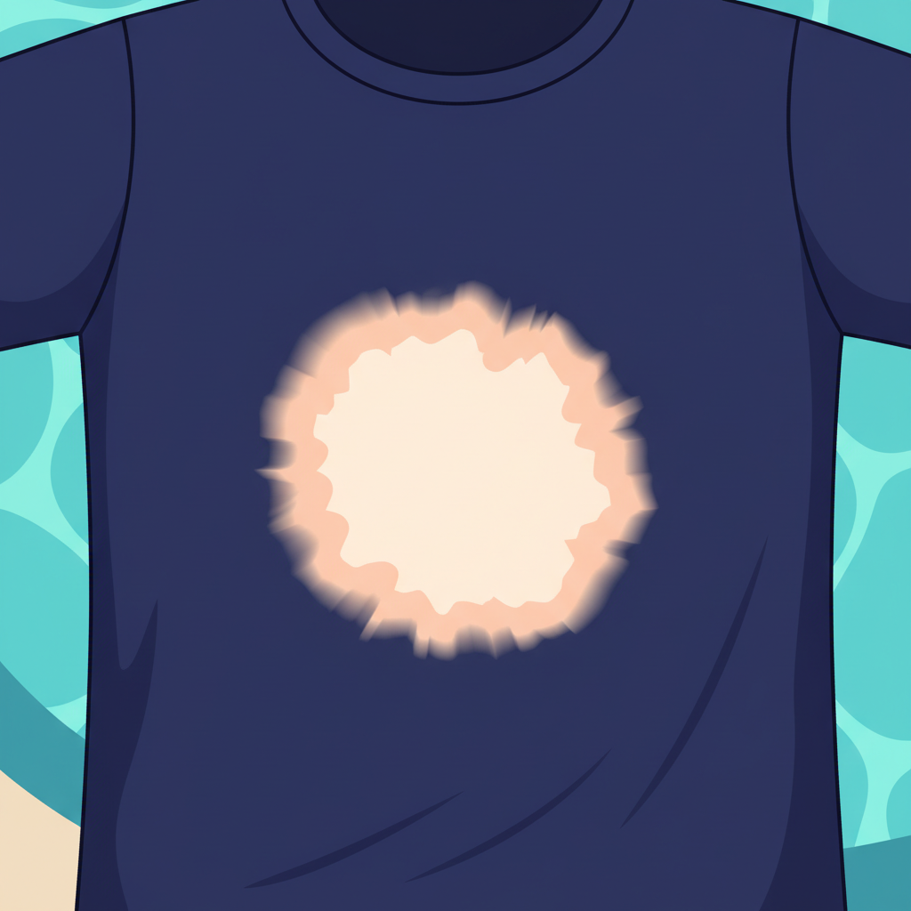 A close-up, stylized illustration of a dark blue or black fabric garment (e.g., a t-shirt or swimsuit) with a prominent, round, lighter orange-white discoloration indicating a chlorine stain. The stain should appear faded and slightly bleached against the dark background. Subtle, abstract blue water ripples or a blurred pool edge might be visible in the soft background, hinting at the source of the stain. The overall style should be clean, modern vector art with soft gradients and a focus on clarity, suitable for a blog article about fabric damage.