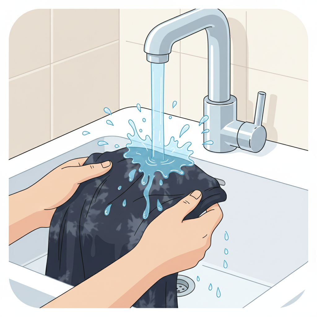 A vibrant, step-by-step illustration depicting a pair of hands carefully holding a piece of dark, stained clothing (like a t-shirt) under a strong stream of clear, cold water flowing from a silver kitchen faucet. The water should be splashing gently as it hits the fabric, creating dynamic movement and a sense of immediate action. Subtle blue hues in the water stream could visually emphasize its cold temperature. The background should be clean and bright, suggesting a bathroom or utility sink. The style should be friendly, detailed flat illustration with clean lines and soft shadows.