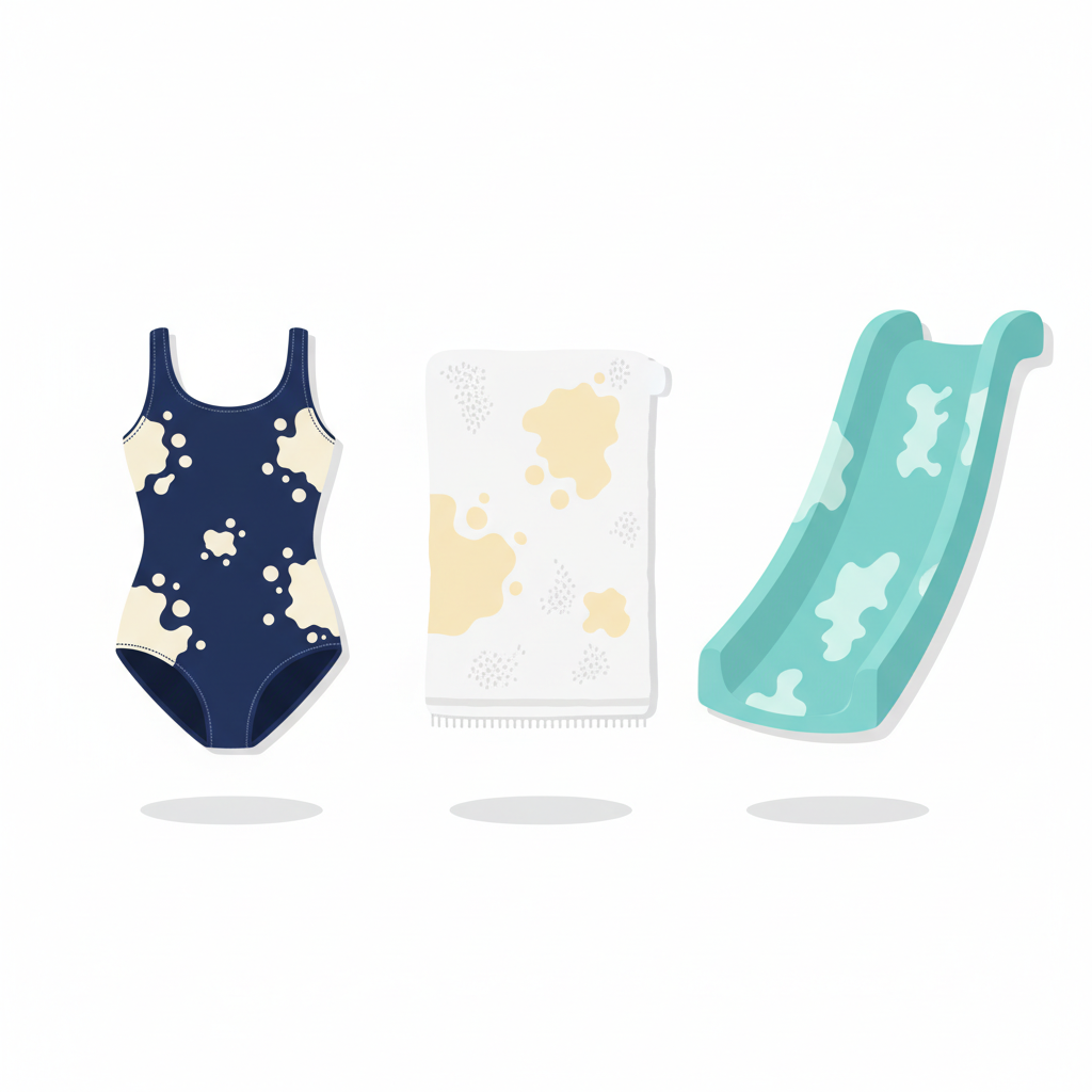A flat illustration depicting a collage of common items affected by chlorine stains. On the left, a folded dark blue swimsuit with prominent lightened, almost white, bleached spots. In the center, a section of a white terry cloth towel showing subtle yellowish discoloration. On the right, a fragment of a light blue plastic surface, like a pool slide, with faded, cloudy white patches. The background is clean and minimalistic, emphasizing the contrast of the stains against the materials. The overall feel is crisp and informative, clearly showing the problem of 'Chlorflecken' on diverse materials.