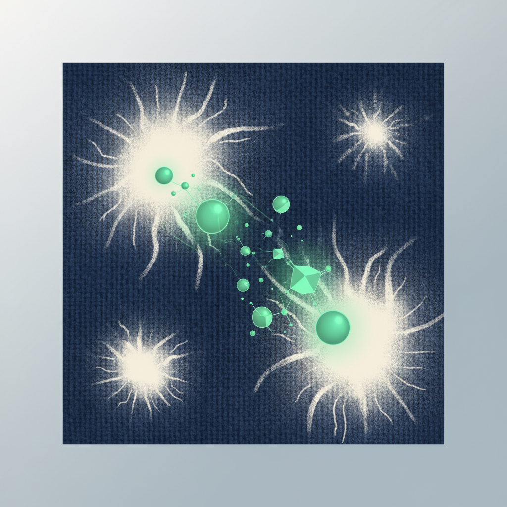 A visually striking infographic-style illustration. The central focus is a close-up section of a dark purple or navy blue fabric, clearly showing several circular or irregular bleached spots where the original color has faded to a much lighter shade. Surrounding this fabric detail, in an abstract, dynamic way, are stylized, glowing green chlorine molecules (represented as simple geometric shapes or spheres) moving towards and 'interacting' with the fabric fibers at the edges of the bleached areas. The background is a clean, neutral gradient, enhancing the contrast and highlighting the chemical effect on the textile.