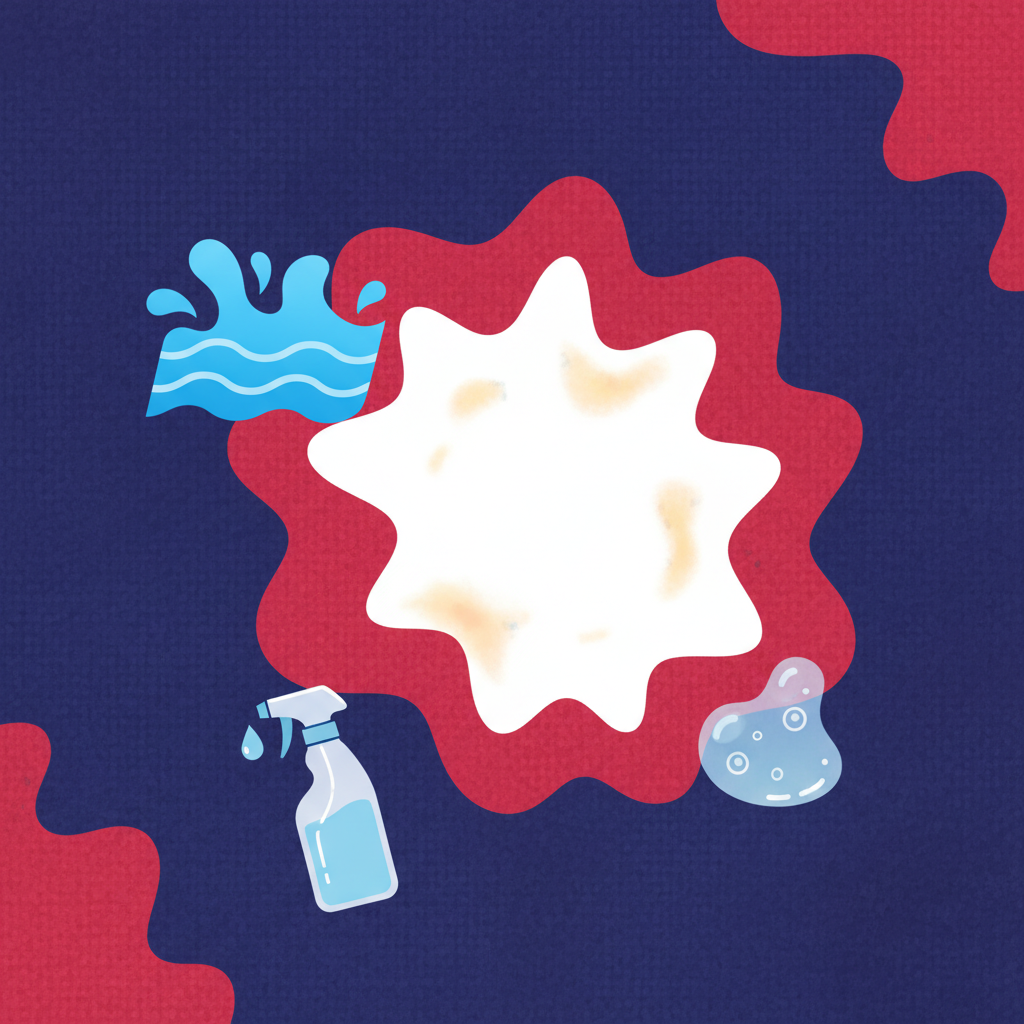 A close-up shot of a vibrant, colorful fabric (e.g., a deep blue or red t-shirt) with a distinct, lighter, bleached-out circular or splattered stain. Around the stain, abstract visual elements subtly indicate the sources of chlorine. These could include a stylized splash of blue water representing a swimming pool, a droplet from a generic cleaning spray bottle, and a small, clear gel-like blob symbolizing disinfectant. The overall composition highlights the unwanted discoloration caused by chlorine from everyday sources. Style: Flat illustration with clean lines and a modern aesthetic.