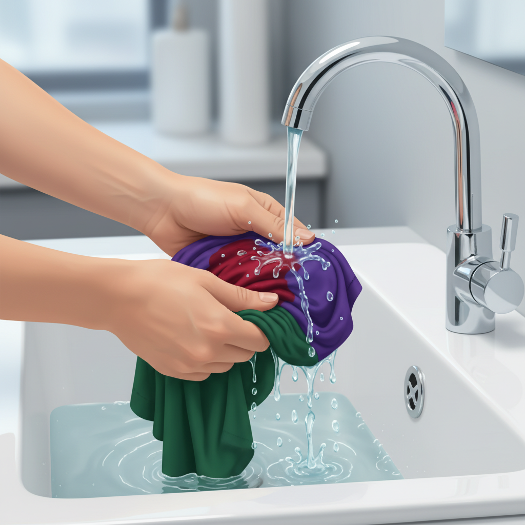 A pair of human hands gently holding a piece of vibrant, stained fabric (e.g., a green or purple t-shirt) under a stream of cold, clear water flowing from a faucet into a clean white utility sink. The water droplets are visible, emphasizing the rinsing action. The focus is on the immediate, gentle washing of the stained area, highlighting the importance of cold water and quick action without any scrubbing gestures. Style: Realistic digital illustration with a clean and focused composition.
