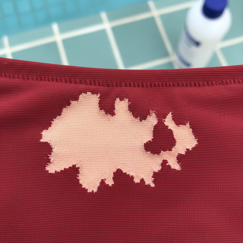 A close-up, high-definition professional photo capturing a section of a vibrant blue or red textile, like a swimsuit or beach towel. A distinct, irregularly shaped, lighter patch of faded color, representing a chlorine stain, is prominent on the fabric. Subtle visual cues in the slightly blurred background, such as the edge of a swimming pool or a generic bottle hinting at a cleaning product, suggest the source of the stain. The image emphasizes the visual impact of the discoloration, showcasing the contrast between the original fabric color and the bleached area, conveying the problem effectively.