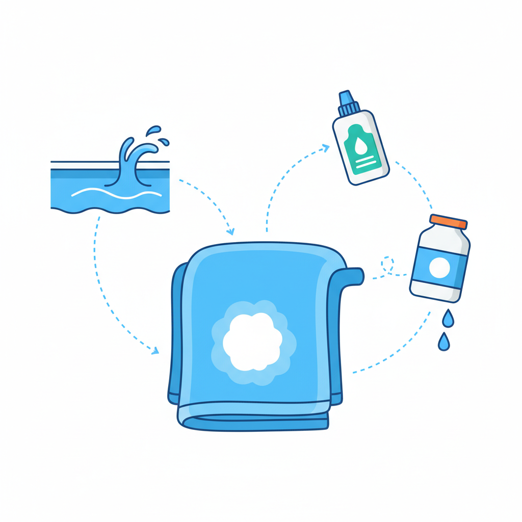A vibrant flat illustration depicting the common sources and effects of chlorine stains. In the foreground, a close-up of a soft blue cotton towel showing a stark, bleached-out circular stain. Around it, subtly interconnected elements represent the causes: a small splash of water originating from a stylized swimming pool border, a minimalist bottle of household bathroom cleaner, and a generic bleach container. These elements should visually imply their role in creating the stain, perhaps with faint, dashed lines leading to the affected fabric. The overall composition should be clean, informative, and visually engaging, suitable for a blog post.