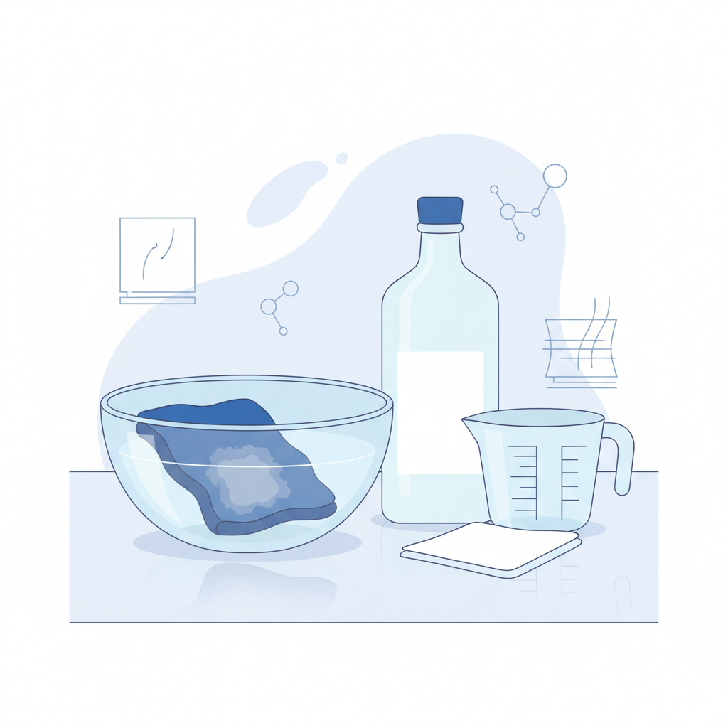 A clean, brightly lit flat illustration in a professional, infographic-style aesthetic. The scene depicts the process of removing chlorine stains from fabric. In the foreground, a clear glass bowl contains a piece of folded, previously stained textile (e.g., a dark blue or black fabric with a lighter, faded spot) partially submerged in a transparent liquid. Next to the bowl, a simple, generic bottle of white vinegar is placed, along with a measuring cup. The overall composition is neat and organized, conveying a sense of practical, step-by-step cleaning.