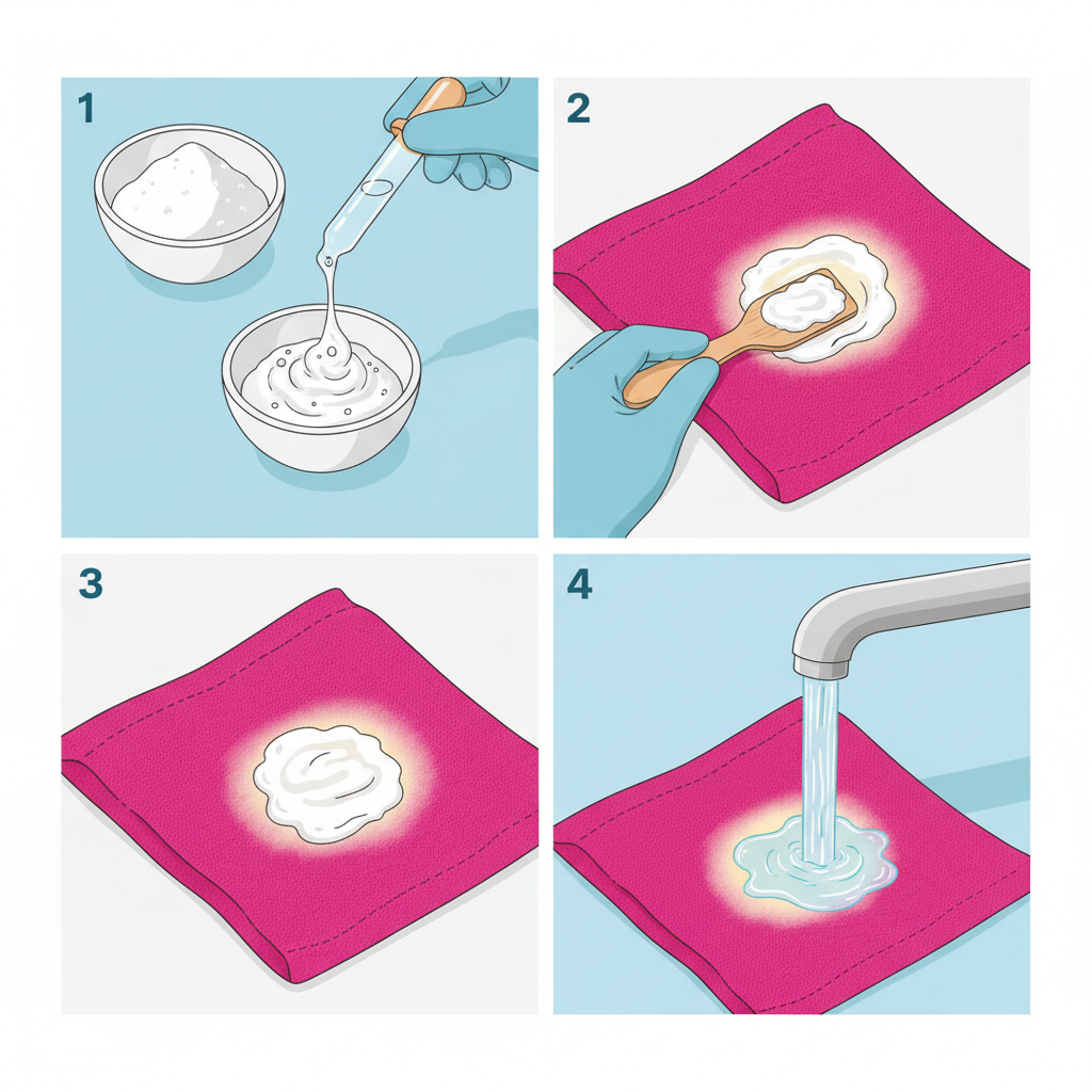 An infographic-style illustration demonstrating the step-by-step process of removing a chlorine stain from fabric using baking soda and hydrogen peroxide. The image features 3-4 clear visual panels in a sequence. The first panel shows a small bowl with baking soda, with a dropper adding hydrogen peroxide to form a thick paste. The second panel depicts a gloved hand applying this paste directly onto a bleached stain on a vibrant piece of cotton fabric. The third panel shows the fabric resting with the paste applied. The final panel illustrates the same fabric, now visibly clean and restored to its original color, being rinsed under a gentle stream of clear water. The illustration style should be clean, practical, and easy to understand.