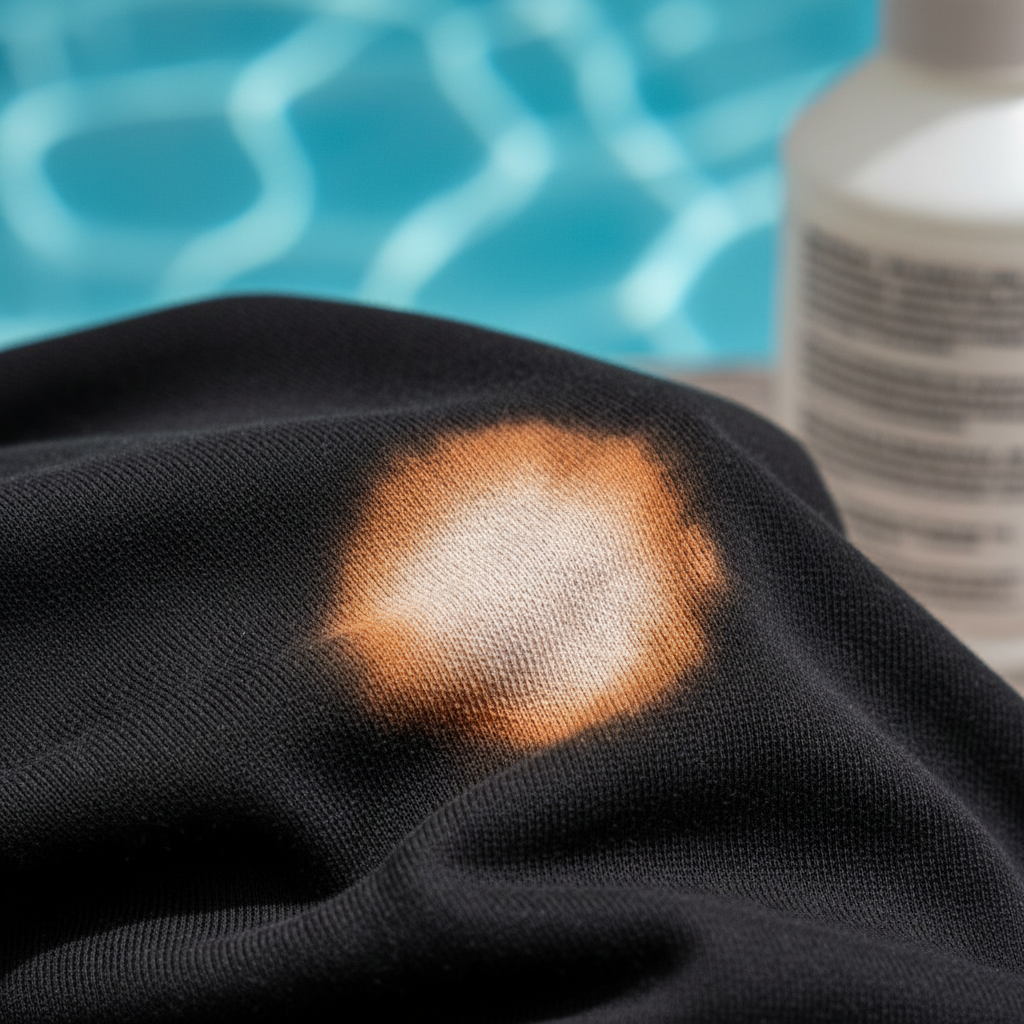 A professional, high-resolution close-up photo of a crumpled piece of black fabric, possibly a t-shirt or a pair of swimming trunks. A prominent, irregular, light orange or faded white chlorine stain is clearly visible and sharply contrasted against the deep black of the fabric, highlighting the damage. The fabric's texture should be discernible, showing the distinct discoloration. In the slightly blurred background, subtle elements hinting at common causes could be visible, such as a shimmering blue reflection suggesting a swimming pool, or the corner of a generic cleaning product bottle, without any visible branding or text. The overall mood is one of frustration and a common household problem.