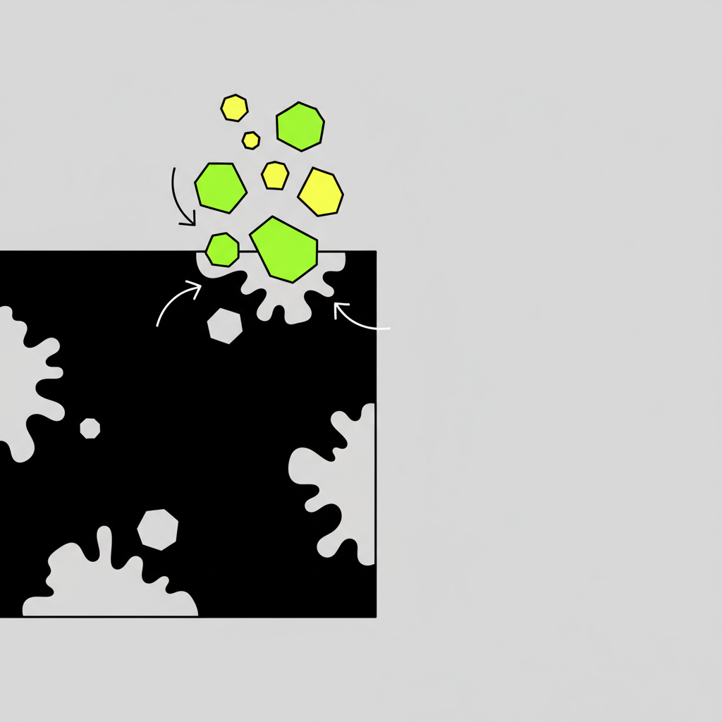 A clean, modern flat illustration depicting the chemical interaction of chlorine with black fabric. On one side, a vibrant dark black fabric swatch is shown. From above, abstract, small, green or yellow 'chlorine' particles are shown descending and making contact with the fabric. Where they land, the black color of the fabric visually 'fades' or 'lifts away' to reveal a lighter gray or discolored patch beneath, representing the damaged pigments. The style should be simple yet effective, using strong contrasting colors to emphasize the chemical reaction and the resulting discoloration, perhaps with subtle, non-textual arrows indicating the process. No complex background elements, focusing solely on the fabric and the chemical interaction.