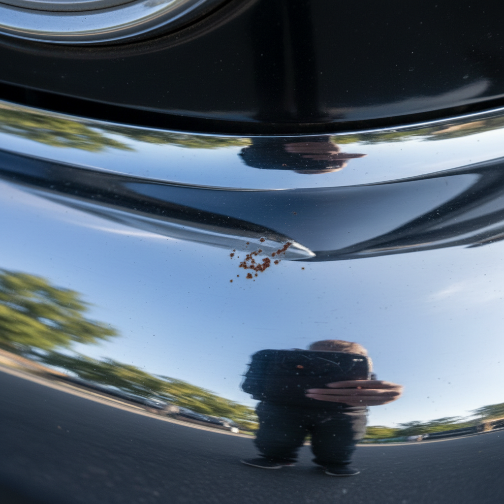 A professional, high-resolution close-up photo of a meticulously polished chrome surface, perhaps a section of a vintage car bumper or a bicycle's fender. The chrome should appear highly reflective and gleaming, with a deep, mirror-like finish. On one part of the surface, depict several tiny, reddish-brown specks or spots, representing early-stage flash rust (Flugrost), subtly marring the perfect shine. The contrast between the pristine, mirror-like chrome and the small, superficial rust spots should be evident, highlighting the problem before treatment. Focus on realistic textures and reflections.