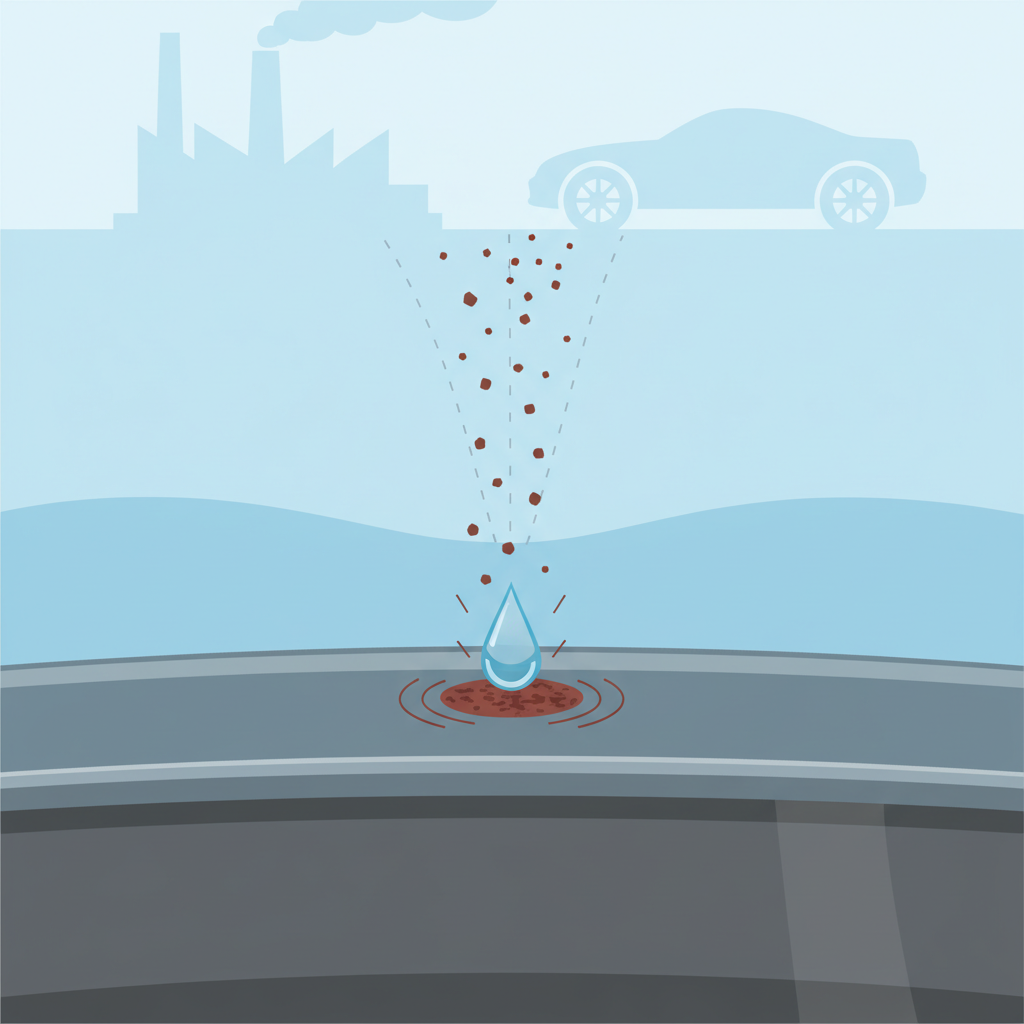 An infographic-style flat illustration depicting the conceptual formation of flash rust on a chrome surface. The image should show stylized, tiny reddish-brown particles, originating from a faint, abstract source like a distant industrial silhouette or a car wheel, floating through the air towards a smooth, grey, reflective chrome surface. A single, stylized water droplet is shown making contact with one of these particles on the chrome, initiating a small, developing rust spot. Use clean lines and a clear visual flow to explain the process, with distinct layers for air, particles, moisture, and the chrome object.