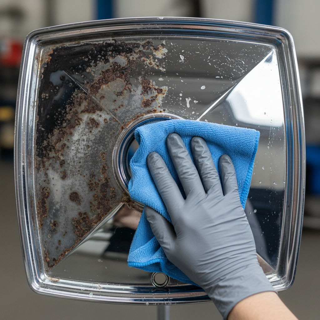 A close-up, high-resolution professional photograph featuring a chrome surface, such as a car wheel rim or a modern faucet. The image should be split or show a clear contrast: one section heavily tarnished with prominent black spots, oxidation, and a dull finish, contrasting sharply with an adjacent section that is brilliantly clean, highly reflective, and gleaming with its original mirror-like luster. A gloved hand, holding a soft, pristine microfiber cloth, is gently poised at the boundary between the dirty and clean areas, suggesting the act of restoration.