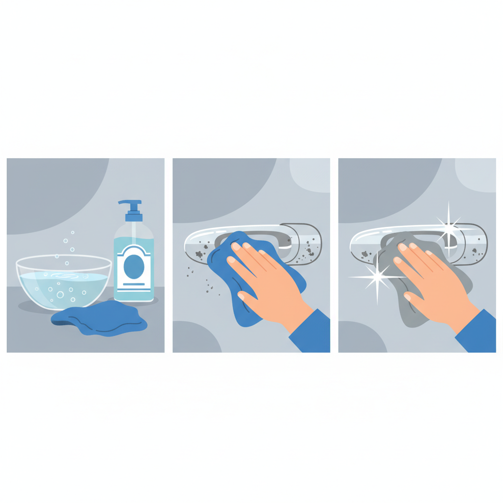 A multi-panel flat illustration depicting a step-by-step cleaning process for chrome. The first panel shows a small bowl filled with warm, slightly sudsy water and a bottle of mild dish soap, with a microfiber cloth beginning to dip into the solution. The second panel illustrates a hand gently applying the damp microfiber cloth to a chrome surface (e.g., a car handle or shower head) that has distinct black spots. The final panel displays the same chrome surface, now sparkling clean and perfectly dry, being buffed with a different, clean, dry microfiber cloth, emphasizing the restoration of shine.