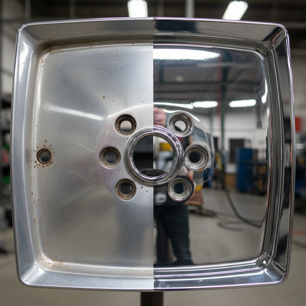 A professional, high-definition photo showcasing a split view of a chrome car rim. On the left side, the rim appears dull, with visible oxidation spots, minor corrosion around bolt holes, and a few fine scratches that disrupt its reflectivity. The surface looks hazy and worn. On the right side, the exact same rim segment is brilliantly polished, reflecting ambient light with dazzling clarity. The surface is smooth, mirror-like, and pristine, demonstrating a deep, restored shine. Emphasize the stark contrast between the dullness and the high-gloss finish, highlighting the transformative power of polishing.