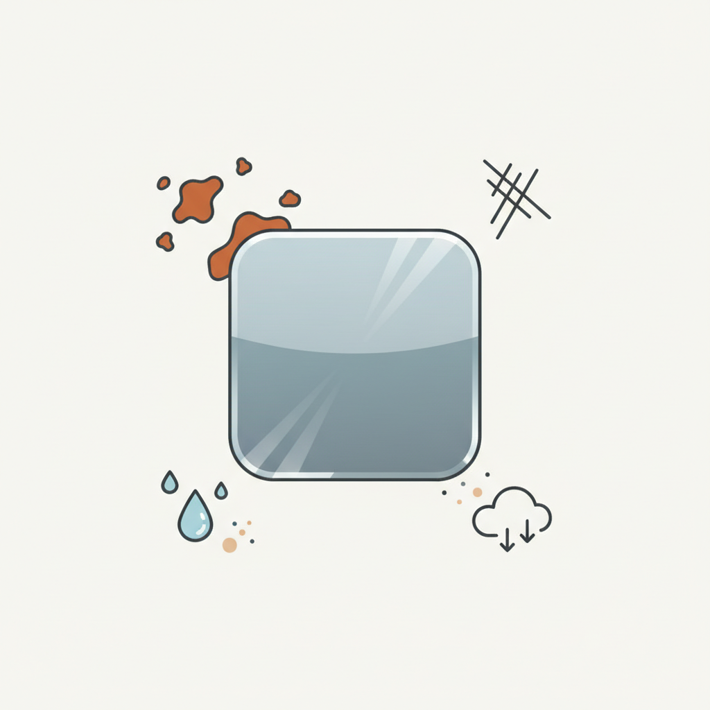 A clean, modern flat illustration depicting the various causes of dull chrome. The central element is a stylized, reflective chrome surface. Around it, distinct visual icons illustrate the reasons for shine loss: a few rust-colored spots spreading on the surface (representing oxidation), subtle, fine lines etched into the chrome (symbolizing scratches and abrasion), and small, abstract environmental elements like tiny raindrops or dirt particles impacting the surface (denoting environmental influences). The overall composition should be clear and conceptually easy to understand, using a limited color palette to maintain a sleek, infographic-style aesthetic, purely visual without any labels.