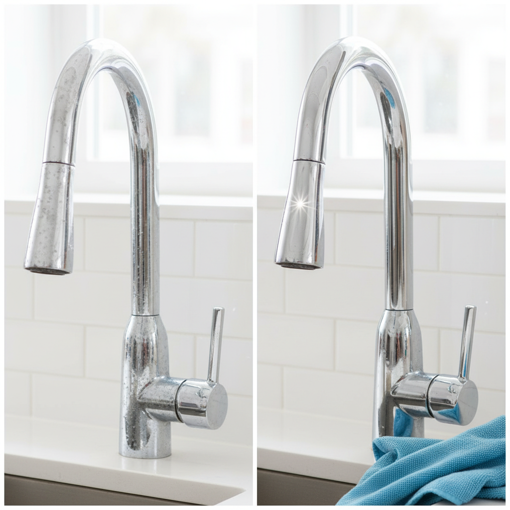 A vibrant, high-contrast professional photo showcasing a 'before and after' scenario for chrome cleaning. On the left side, depict a close-up of a bathroom faucet or kitchen fixture with visible water spots, fingerprints, and a subtle dullness or minor corrosion on its chrome surface. On the right side, show the same fixture sparkling brilliantly, reflecting light with a mirror-like finish, looking pristine and new. A soft, clean microfiber cloth is gently placed near the polished side, emphasizing the results of proper care. The lighting should be bright, highlighting the gleam of the cleaned chrome.