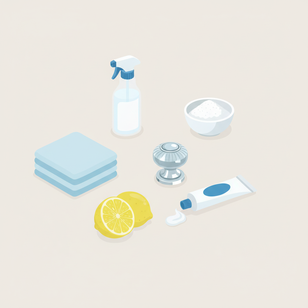 An inviting and clean flat lay illustration or photograph of essential chrome cleaning supplies. Arrange various items neatly on a light, neutral background. Include a stack of soft, folded microfiber cloths, a generic bottle of specialized chrome cleaner, a fresh lemon cut in half, a small white bowl containing baking soda, and a tube of white toothpaste with a small squeeze dollop. A gleaming, small chrome object, like a decorative knob or a segment of a chrome railing, is centrally placed amongst the cleaning items, representing the target of the care. The overall aesthetic should be bright, organized, and minimalist.