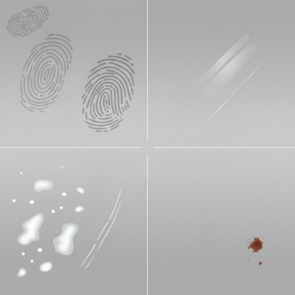 A clean, infographic-style illustration depicting a close-up section of a chrome steel surface, possibly a kitchen appliance panel. The surface is visually divided into conceptual zones, each representing a common cleaning problem. One zone shows distinct, slightly greasy fingerprint smudges. Another zone features small, hazy white water spots and faint limescale residues. A third zone depicts a very subtle, fine scratch or a tiny, isolated rust discoloration. The overall impression should be informative and visually categorize the issues mentioned in the article. Style: Flat illustration with subtle textures, clear lines, and a clean, modern aesthetic.