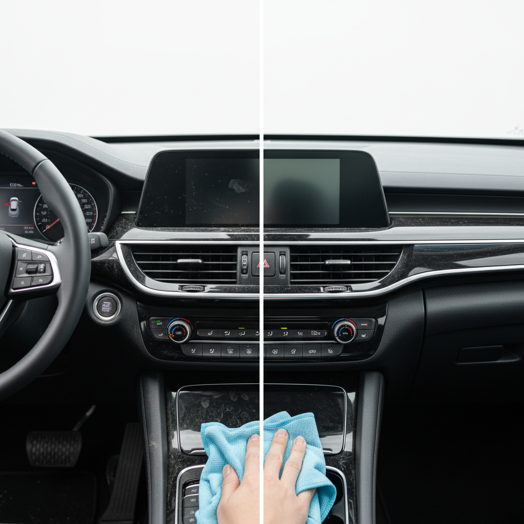 A split-scene image of a modern car's dashboard. On the left side, the dashboard, air vents, and infotainment screen are covered in a fine layer of dust, with visible smudges and fingerprints, looking dull and neglected. On the right side, the exact same dashboard elements are impeccably clean, polished, and gleaming, reflecting ambient light beautifully, showcasing a stark 'before and after' transformation. A clean microfiber cloth is gently wiping the center console, bridging the two states. Professional, bright photograph with sharp focus on the details.