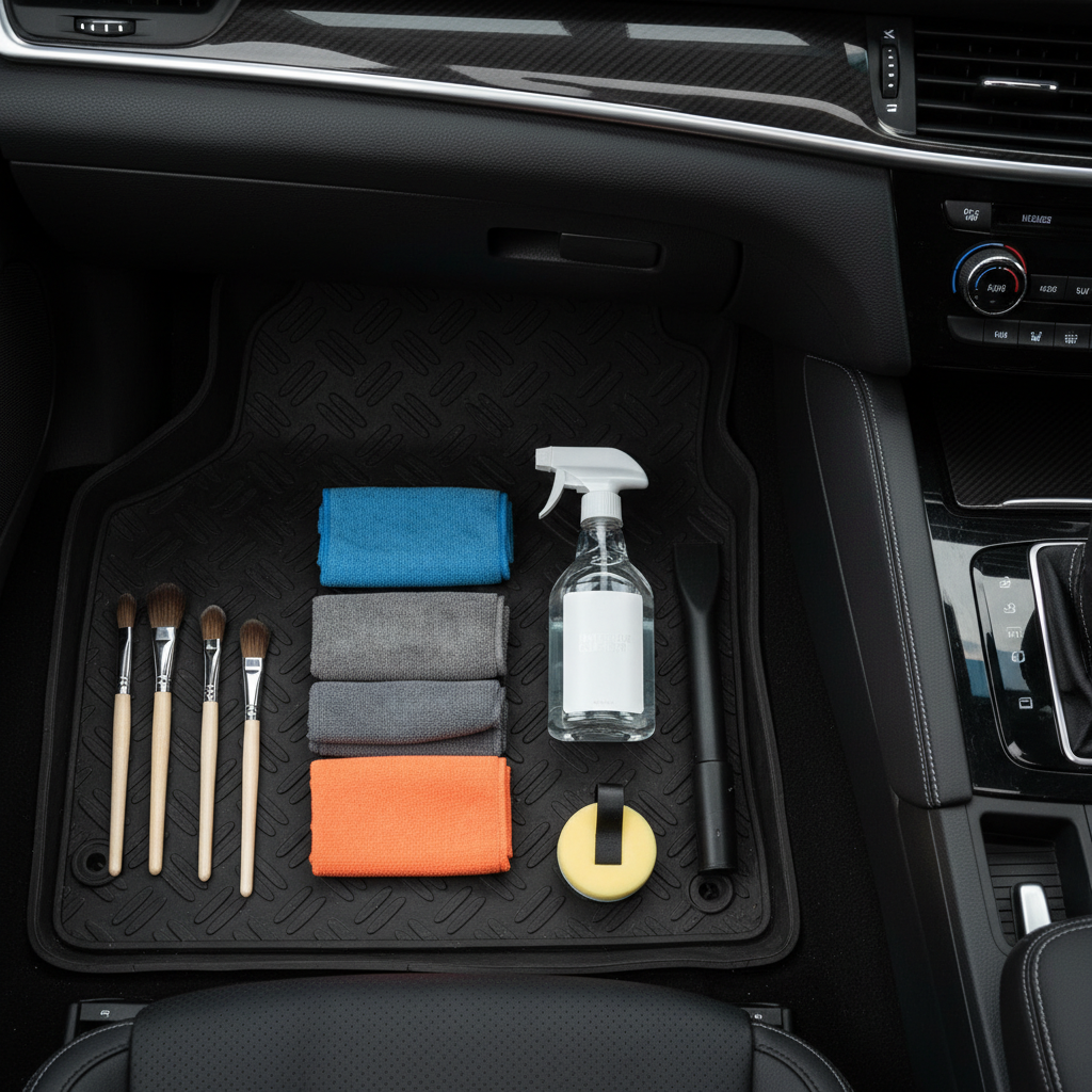 An overhead shot of a meticulously organized array of car cockpit cleaning tools and products, artfully arranged on a clean, dark car mat next to a segment of a pristine, shiny car dashboard. The tools include soft detailing brushes, several colored microfiber cloths, an interior cleaner spray bottle, a vacuum cleaner nozzle, and a small applicator sponge. The adjacent dashboard section, possibly made of plastic and faux leather, gleams under soft, professional lighting, reflecting a sense of newness and meticulous care. Flat lay product photography style, clean and sharp focus.