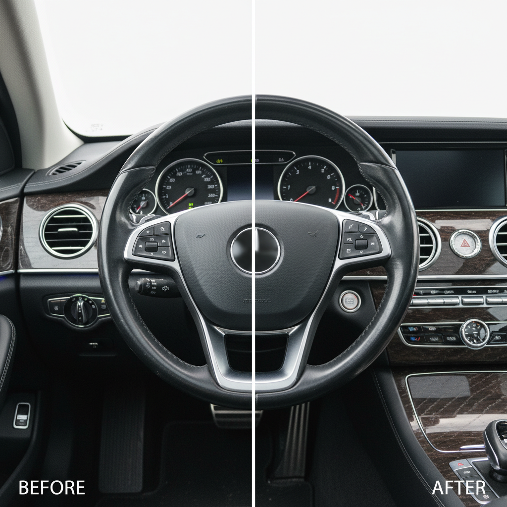 A highly detailed, professional photo of a car's dashboard and steering wheel, captured from the driver's perspective. The image is designed to clearly show a 'before and after' contrast, either through a subtle split or juxtaposed elements. The 'before' side depicts a neglected cockpit with visible dust on surfaces, a dull finish on plastics, and minor smudges on the infotainment screen. The 'after' side showcases the same elements in pristine condition: gleaming, meticulously clean surfaces, vibrant colors on buttons, and a polished appearance that reflects light subtly, highlighting the transformative effect of proper care and aesthetic appeal.