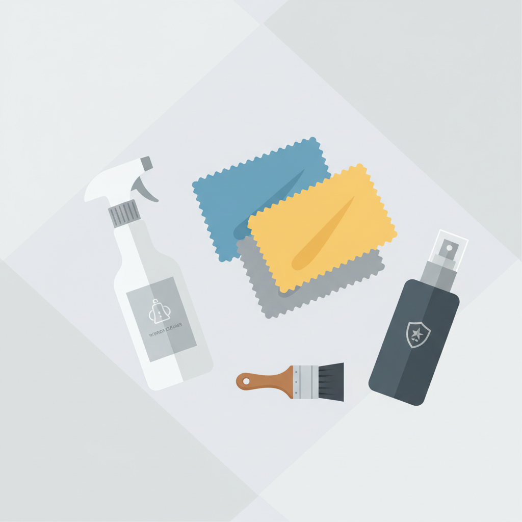 A clean and modern flat illustration depicting an organized collection of essential car cockpit cleaning materials. The arrangement features several soft, colorful microfiber cloths neatly folded or stacked, a sleek spray bottle representing an 'Interior Cleaner', a small, soft-bristle detailing brush, and a bottle of specialized dashboard protectant or conditioner. These items are artfully arranged on a subtle, neutral background, suggesting preparedness and efficacy. The overall aesthetic should be professional and visually appealing, emphasizing the quality and variety of tools needed for comprehensive care.