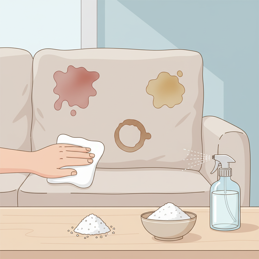 A clean, bright flat illustration with soft colors and clear lines. The scene depicts a modern, light-colored fabric couch cushion with several distinct, stylized small stains: a red wine splash, a coffee ring, and a greasy food spot. Nearby, representing natural home remedies, are small, neat piles of coarse white salt, a bowl of baking soda powder, and a clear spray bottle containing a light liquid (suggesting vinegar). A gentle hand is seen dabbing one of the stains with a clean white cloth, symbolizing the cleaning action.
