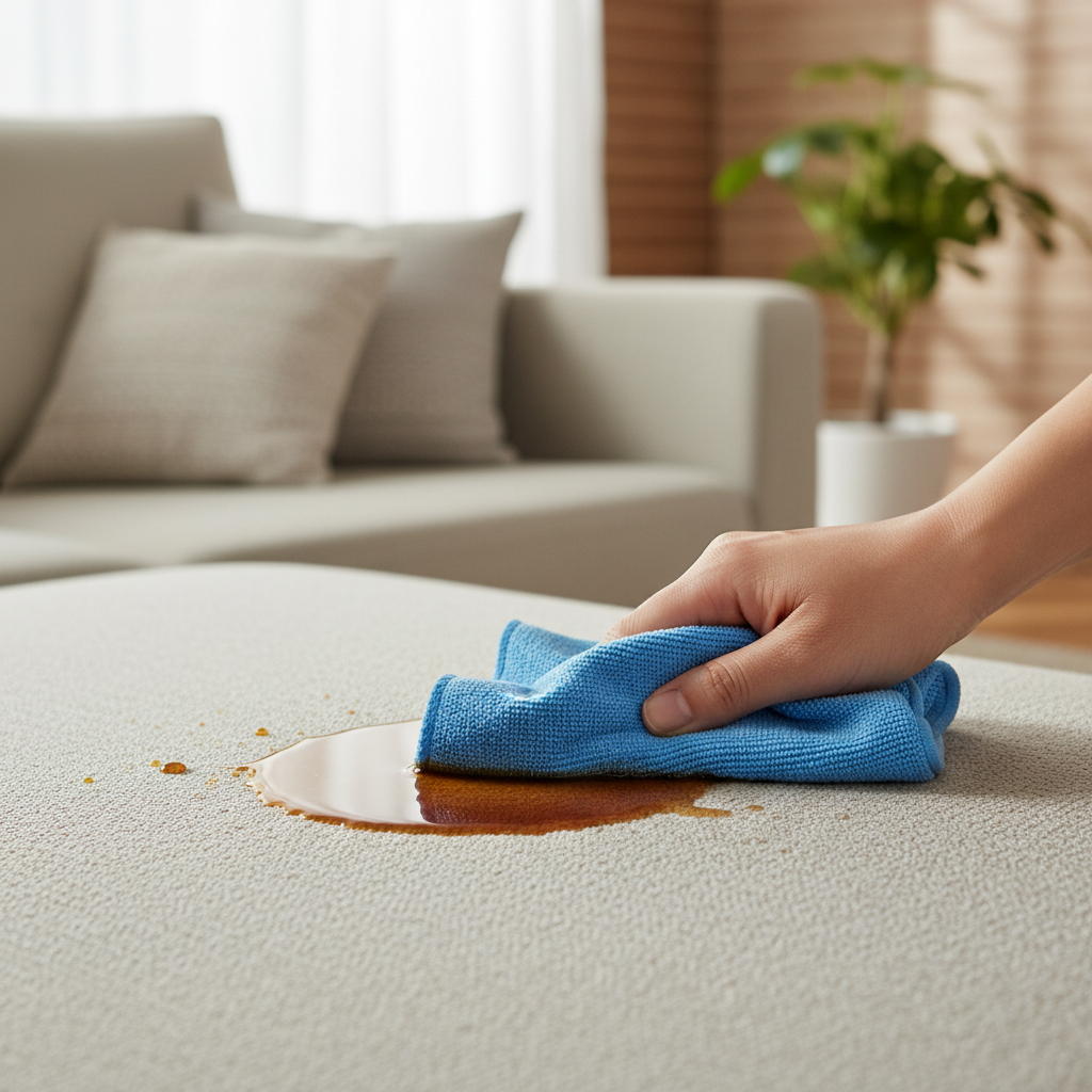 A close-up, dynamic professional photo of a modern, light-colored fabric sofa with a freshly spilled coffee stain. A clean, absorbent microfibre cloth or sponge is actively dabbing the edge of the liquid stain, illustrating the urgency and effectiveness of immediate action. The background is softly blurred to keep focus on the cleaning process, hinting at a cozy home environment. The scene should convey a sense of quick, decisive action to prevent the stain from setting, emphasizing cleanliness and a bright aesthetic.