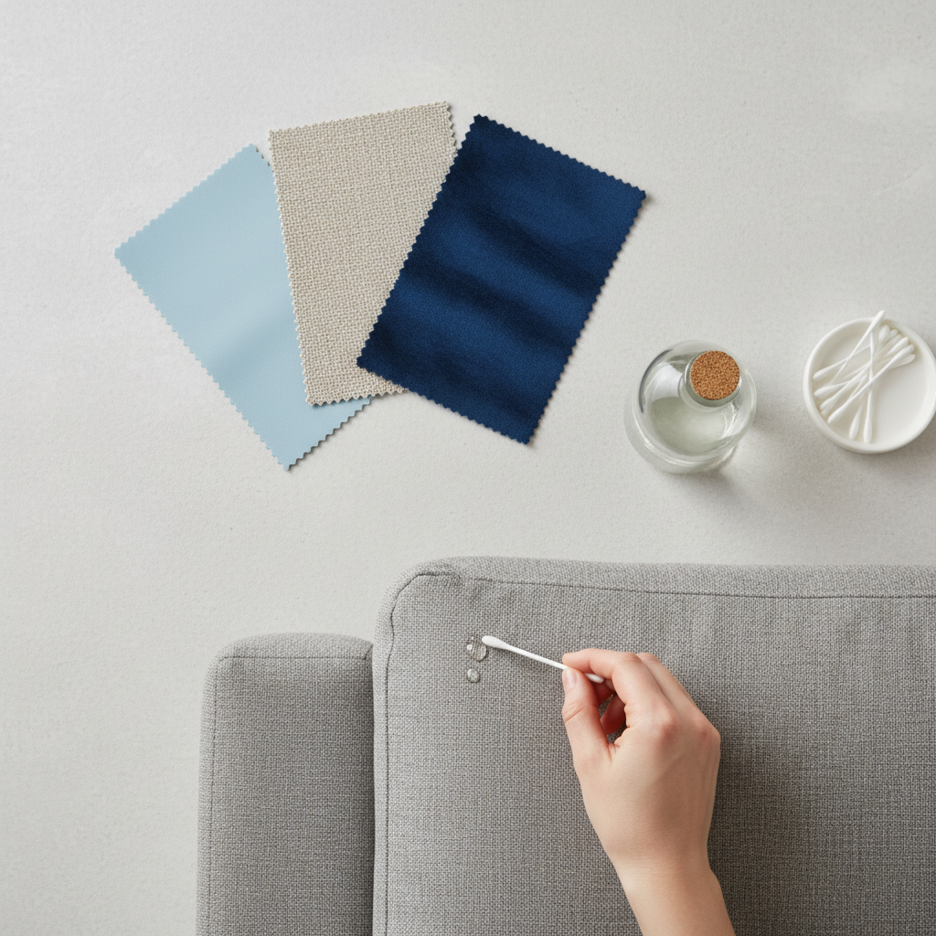 An overhead, detailed flat lay illustration or professional photo showcasing the preparatory steps for couch cleaning. Various fabric swatches (e.g., a smooth synthetic, a textured natural fiber, a plush velvet) are arranged to visually represent material identification. Next to them, a hand uses a cotton swab to apply a tiny drop of a clear liquid from a generic, label-free cleaning bottle onto an inconspicuous, hidden area of the actual couch fabric, demonstrating a patch test. The overall style should be clean, informative, and have a product photography aesthetic.