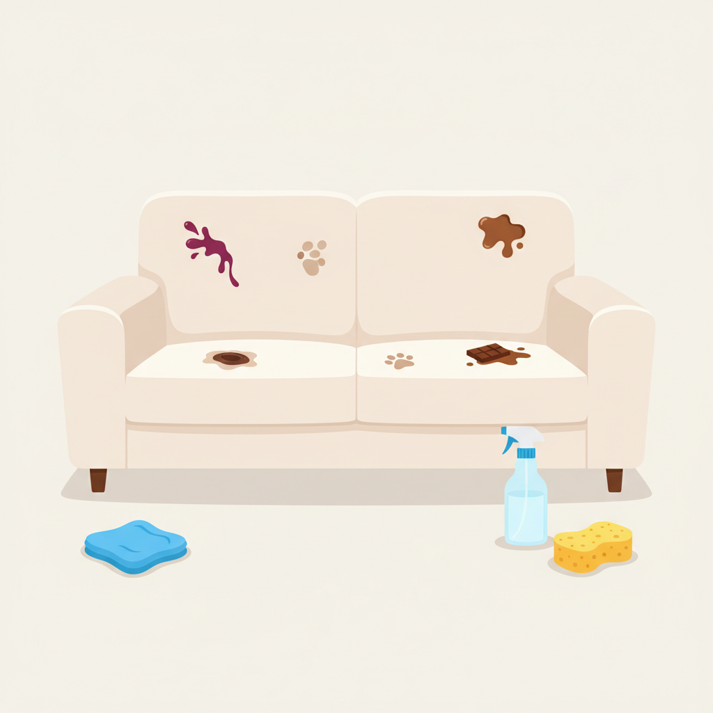 A vibrant, eye-level flat illustration depicting a modern, light-colored fabric couch. Various distinct stains are visible on different sections of the upholstery: a dark red wine spill, a brown coffee ring, a small muddy pet paw print, and a chocolate smear. Arranged neatly around the couch on a clean surface are essential, gentle cleaning tools: a soft microfiber cloth, a small spray bottle, and a soft sponge. The overall composition should convey a sense of a common household scenario being addressed with the right tools, emphasizing readiness for stain removal.