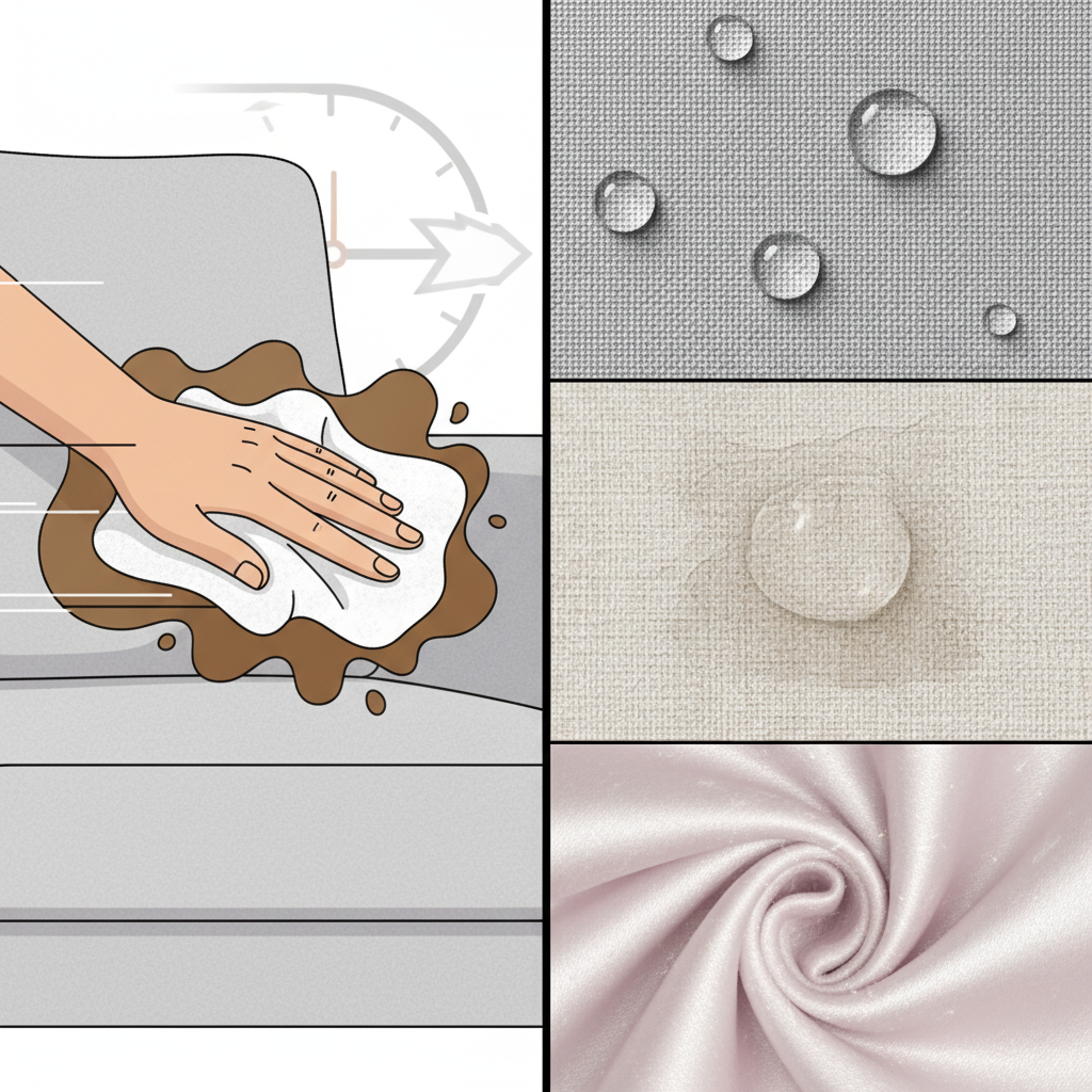 A clean, modern illustration designed as a visual two-part concept. On the left, a dynamic scene shows a hand quickly dabbing a fresh liquid stain (e.g., a coffee spill) on a couch with a white cloth, conveying urgency. A stylized, minimalist clock face or a fast-moving arrow in the background subtly reinforces the idea of swift action. On the right, a close-up of a couch fabric texture is depicted with distinct visual properties in different sections: one area shows water droplets clearly beading on a synthetic surface, another area shows a more absorbent, natural fiber, and a third area shows a very delicate, perhaps slightly shimmering texture, visually representing different material types without any specific codes or letters.