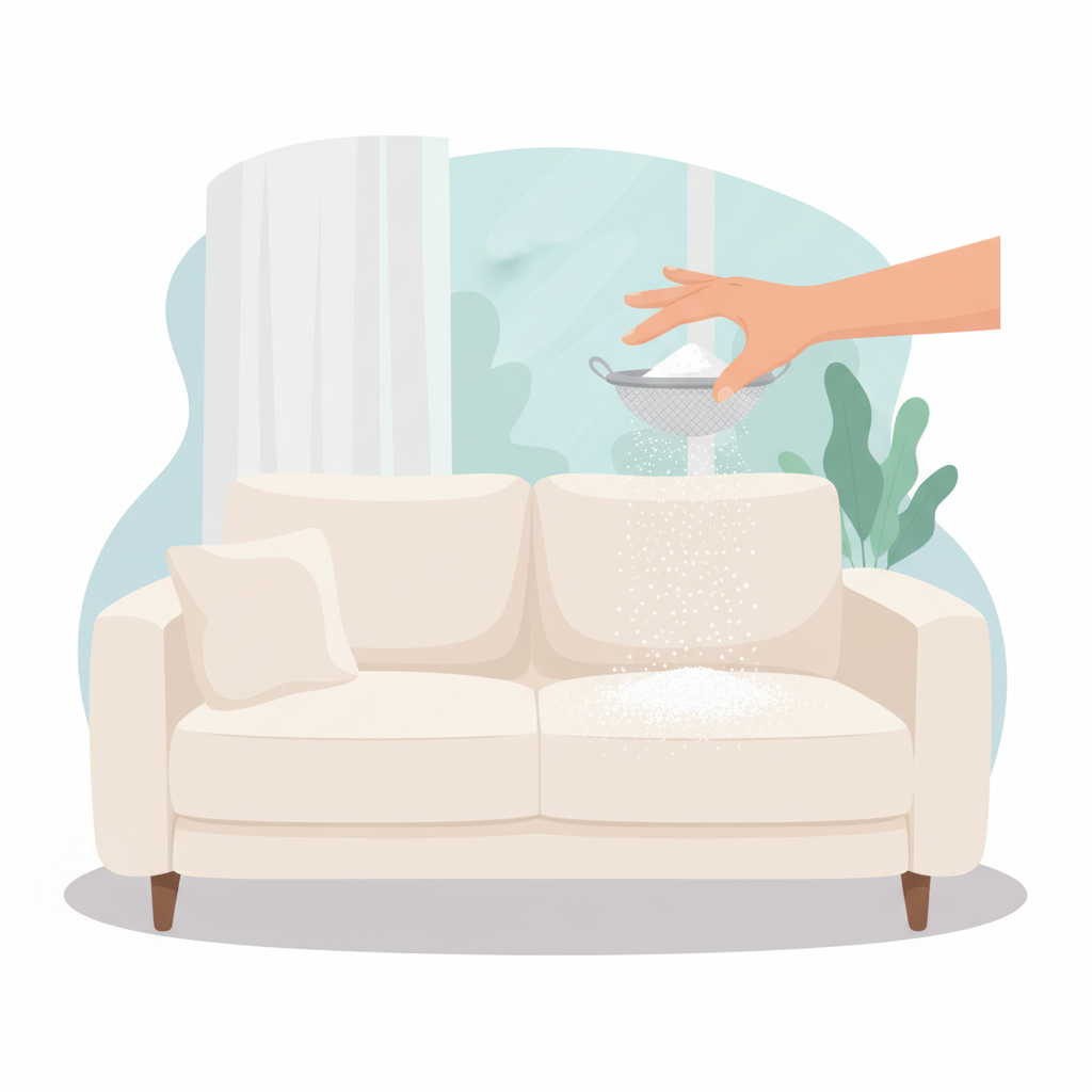 A bright, clean flat illustration depicting a modern, light-colored sofa in a minimalist living room setting. A hand, reaching into the frame, is gently scattering a fine, white powder (representing baking soda) evenly over the sofa cushions. The background is soft and unfocused, emphasizing the action on the couch. The overall mood should be calm, clean, and convey a sense of an easy, natural cleaning process leading to freshness. No brand logos or specific product names.