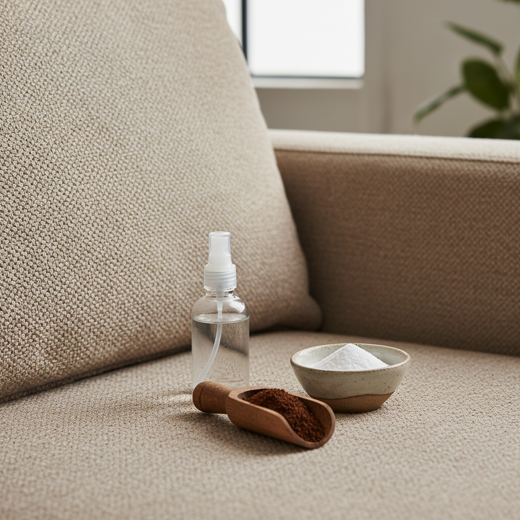 A professional photo style close-up shot of a soft, textured sofa fabric, perhaps a neutral grey or beige. Artfully arranged on or next to the cushion are three small, natural elements: a small ceramic bowl filled with white baking soda powder, a clear glass spray bottle containing a translucent liquid (representing vinegar solution), and a rustic wooden scoop holding dark brown coffee grounds. The lighting is soft and natural, highlighting the textures of the fabric and the ingredients. The image should evoke natural cleaning and a pleasant aroma.