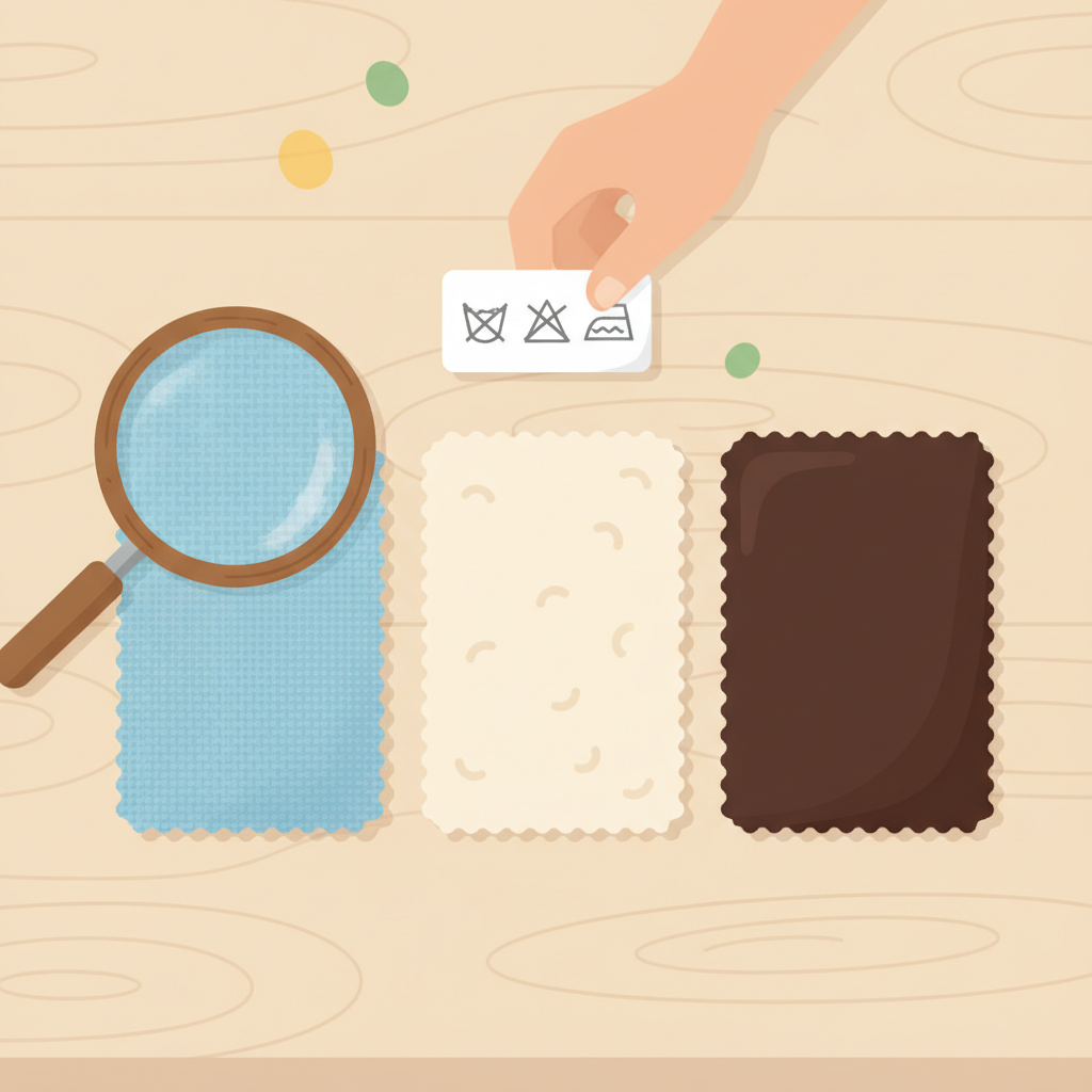 A flat illustration depicting a careful preparation stage for couch cleaning. Various stylized fabric swatches, representing different upholstery materials like textured cotton, soft microfiber, and smooth faux leather, are neatly arranged on a clean surface. A hand gently holds a small, rectangular fabric care label, which shows abstract, generic symbols instead of specific letters. A magnifying glass hovers over a detail on one of the swatches, emphasizing the importance of identifying the material. The overall aesthetic is clean, organized, and informative, using a modern, inviting color palette.