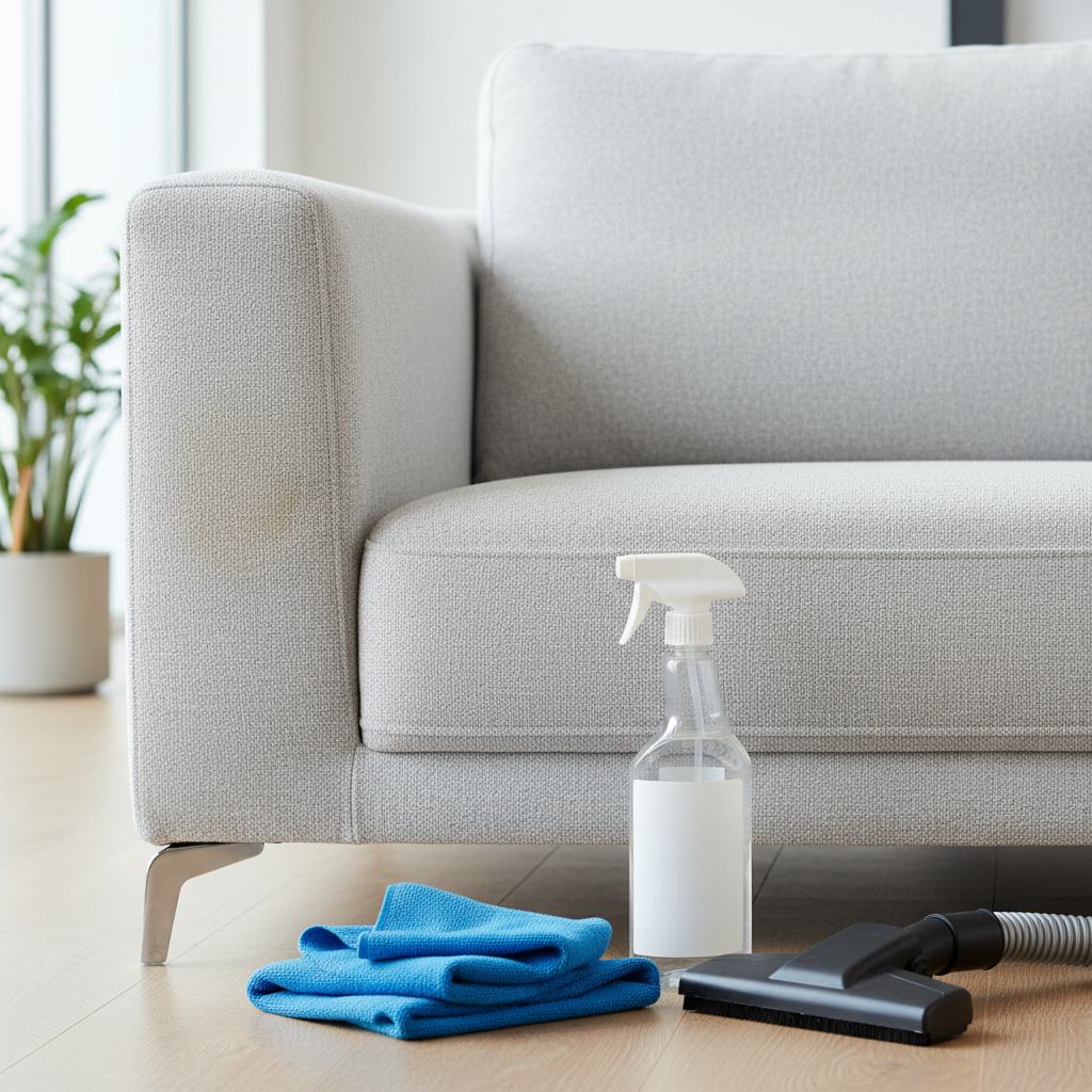 A bright and clean professional photo capturing a segment of a modern couch cushion. The image is conceptually divided; one side subtly shows a faint, generic stain or discoloration, while the other side appears noticeably fresh and clean. Neatly arranged in the foreground or beside the clean section are essential cleaning tools: a soft microfiber cloth, a generic spray bottle containing a clear liquid, and a small, handheld upholstery vacuum attachment. The focus is on the transformative effect of cleaning and the necessary equipment, presented in a crisp, appealing manner with good lighting.