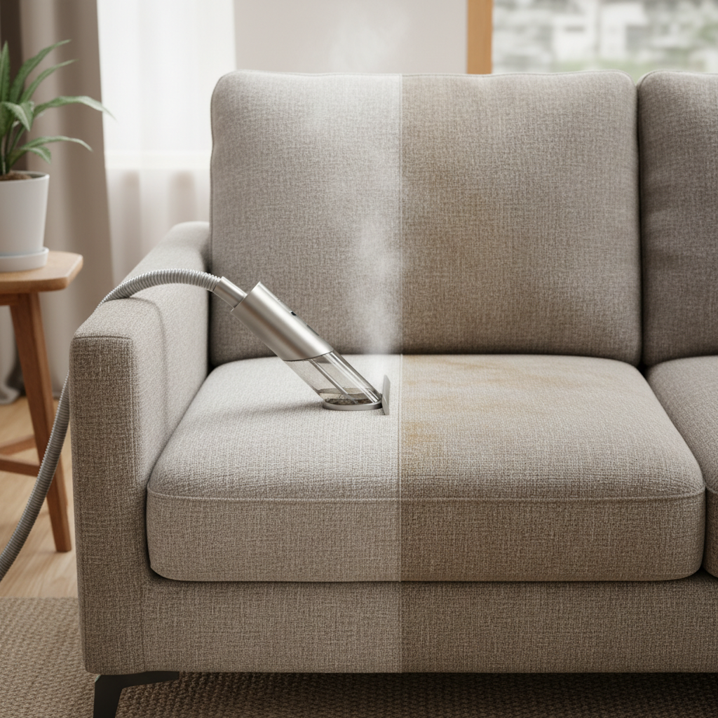 A high-quality professional photo depicting a modern, comfortable fabric sofa in a cozy living room setting. One half of a sofa cushion appears visibly dull, slightly stained, and dusty, symbolizing common household dirt. The other half of the same cushion is strikingly vibrant, clean, and refreshed, showcasing the 'after' effect. A sleek, contemporary couch cleaning device is actively in use, positioned at the visible dividing line between the dirty and clean sections. A subtle visual effect, like a fine mist or transparent hose, indicates the extraction of dirty water, emphasizing the deep cleaning process.