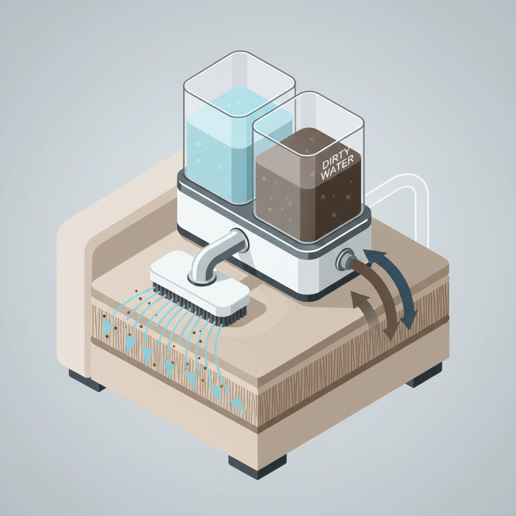 A detailed, clean, and modern flat illustration or isometric diagram showing a cutaway view of a couch cleaning device interacting with a section of sofa upholstery. The device clearly displays two distinct, transparent tanks: one filled with clean, light blue water or cleaning solution, and the other gradually accumulating dark, murky water. Arrows should visually represent clean solution spraying from a nozzle onto the sofa fabric, penetrating the fibers, and dissolving microscopic dirt particles. Simultaneously, another set of arrows illustrates the powerful suction pulling the dirty water and dissolved particles back into the dirty water tank.